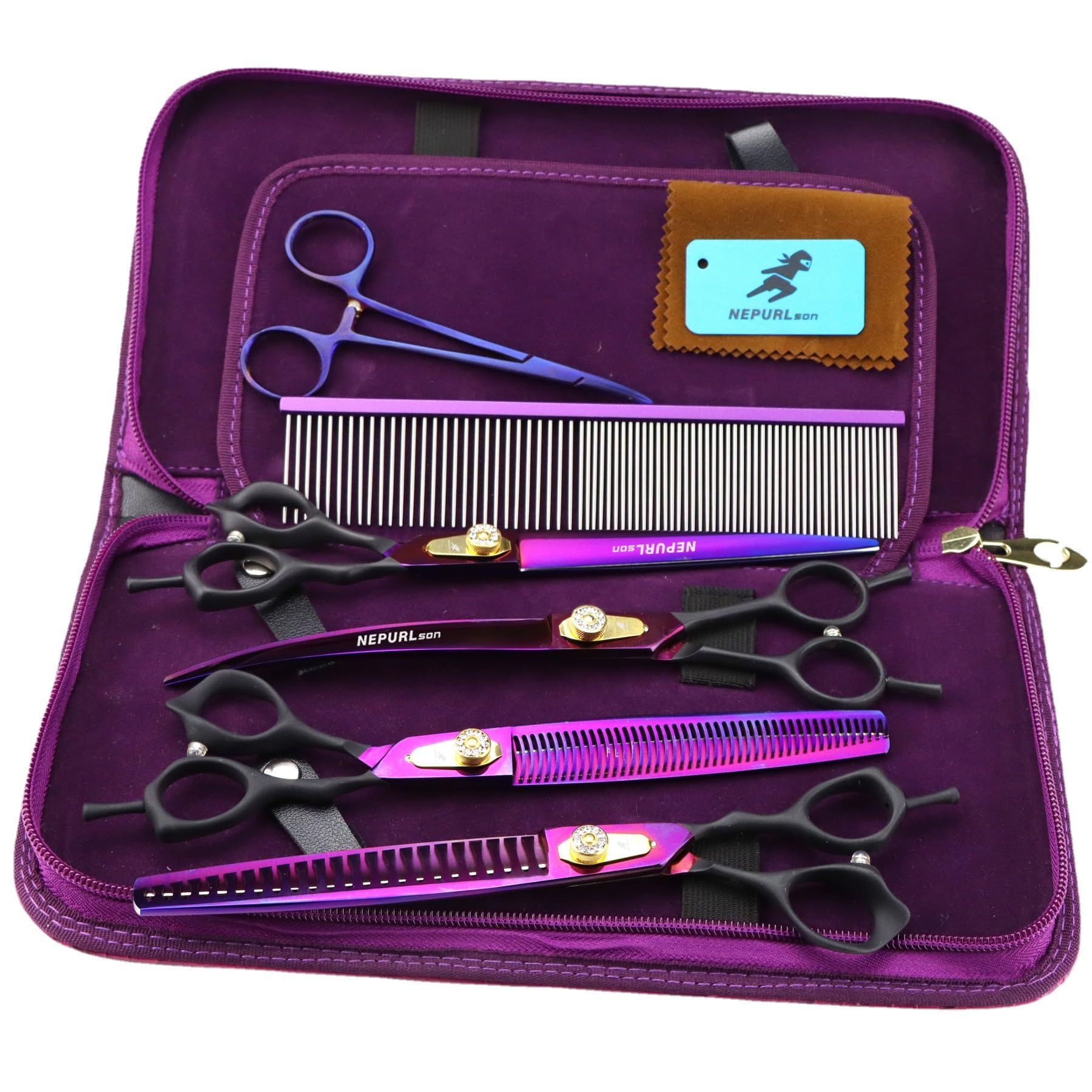 8.0 Inch Dog Grooming Scissors Set - 440C Stainless Steel Straight Curved and Thinning Shears with Grooming Comb and Storage Case for Dog and Cat Grooming