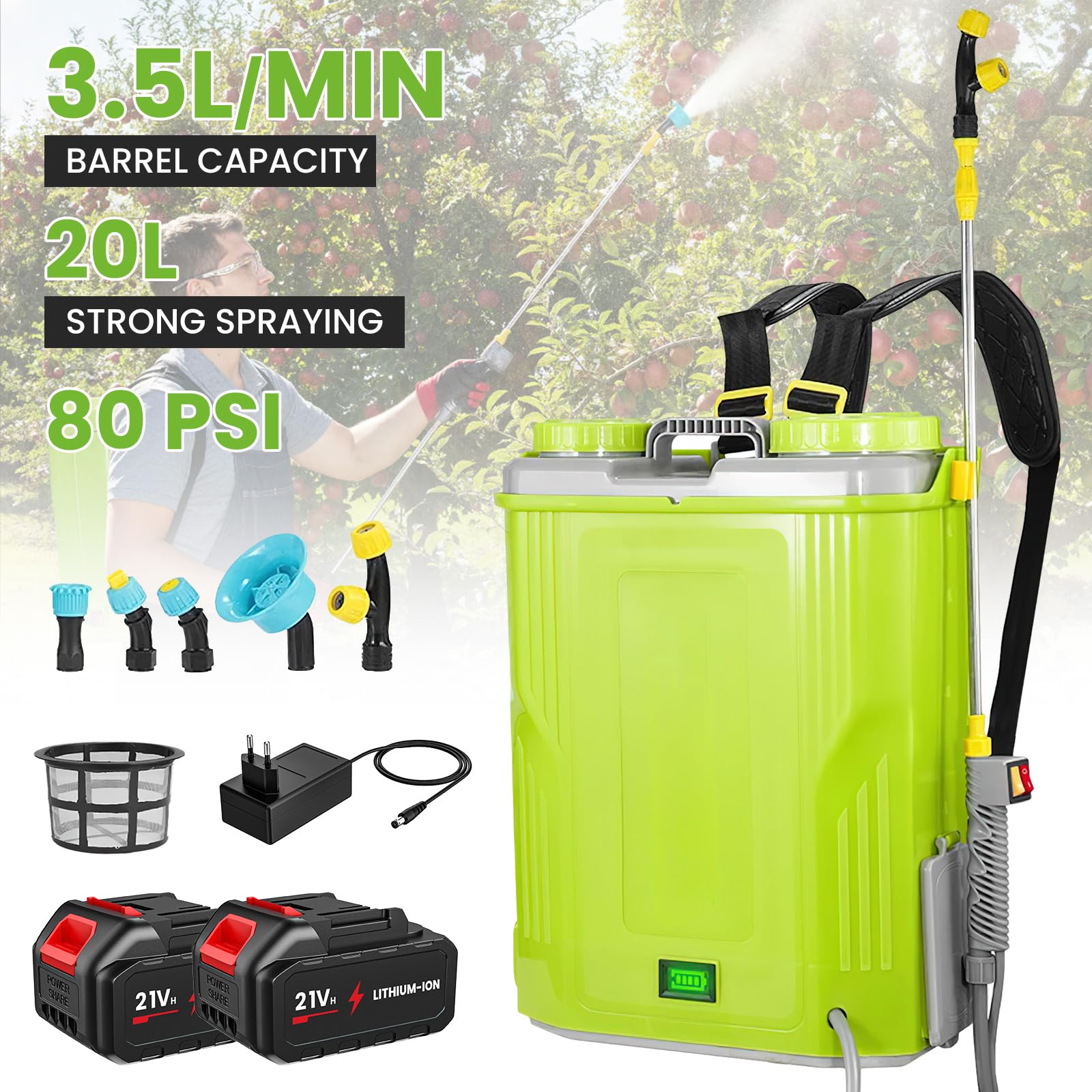 Pulvérisateur à Dos 20L, Pulvérisateur Électrique 21V,5 Buses (Vert)