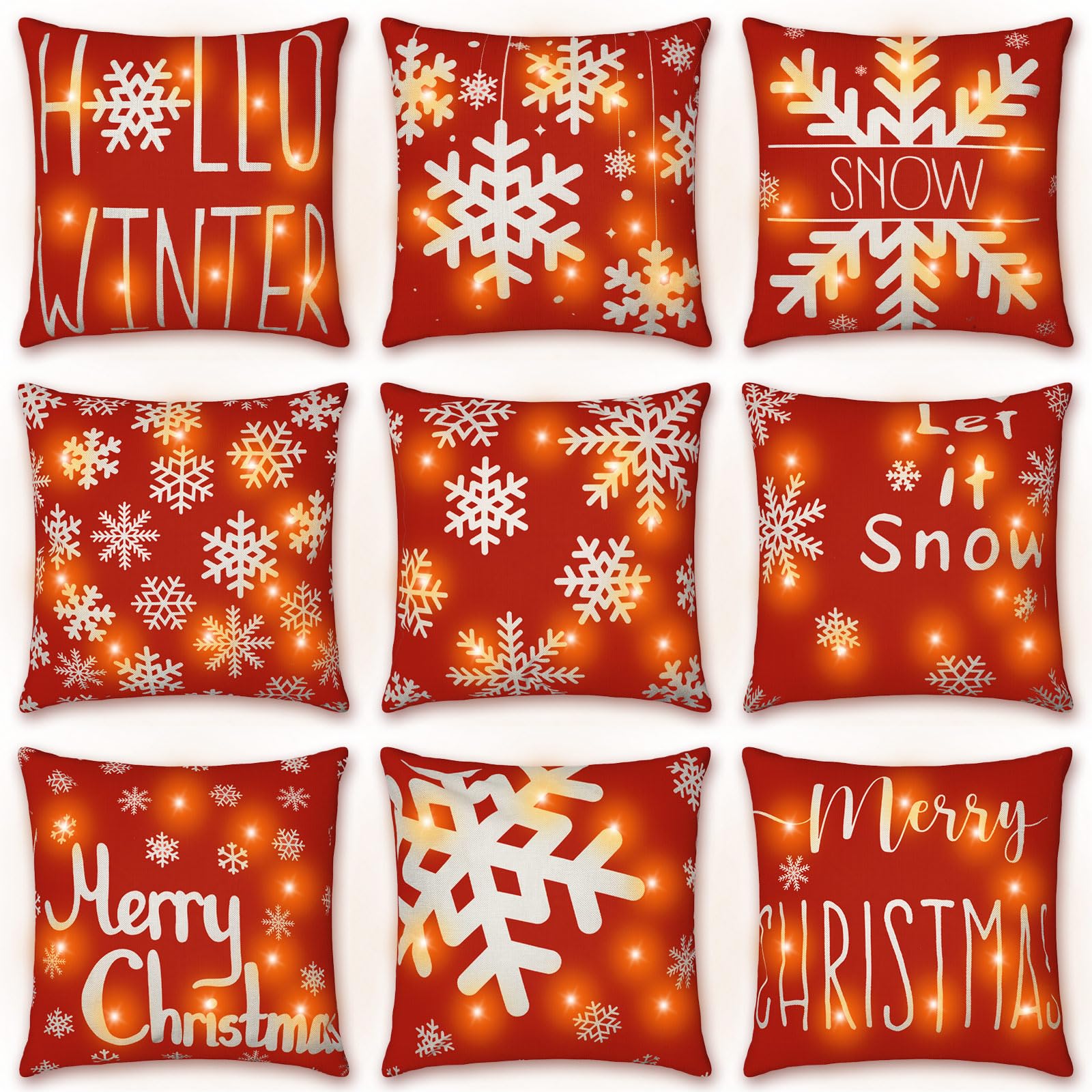 Photo 1 of *COVERS ONLY* Huwena 9 Pack Red Christmas Pillow Covers with LED Lights 18x18 Inch Light Up Snowflake Pillowcases Red Merry Christmas Throw Pillow Covers Farmhouse Decor for Sofa Couch Xmas Decorations