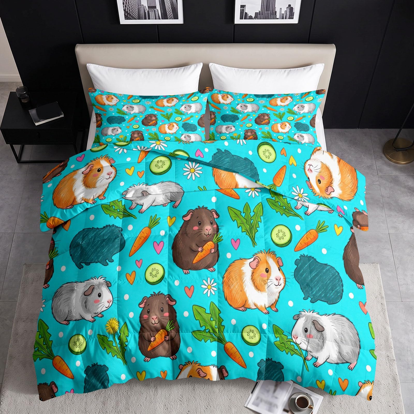 Edredón para mascotas 4 estaciones, color verde azulado, con cobaya, reversible, cálido, con 2 fundas de almohada, 155 x 220 cm, algodón lavable, suave, para todo el año, sin funda