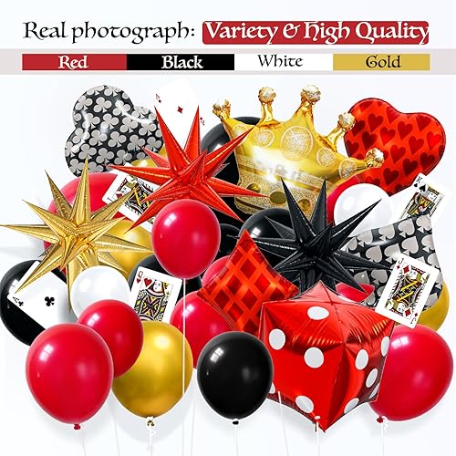 Miniatura 4 de Kit de guirnalda de arco de globos de casino de 165 piezas, globos rojos, negros y dorados con corona en explosión de estrellas, globos de papel de