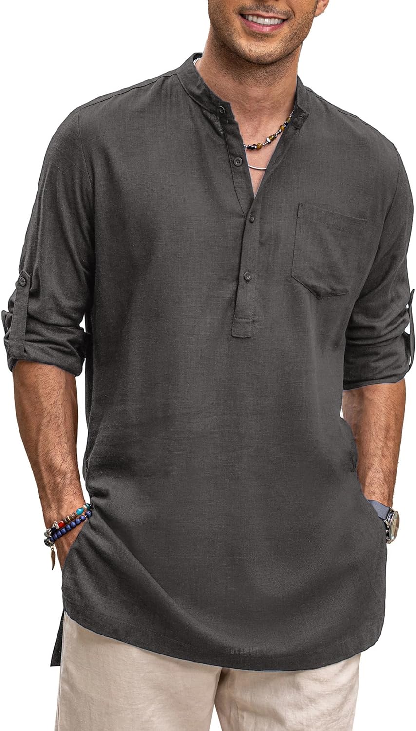 COOFANDY Men's Linen Henley Shirts Long Sleeve Collarless T-Shirts Longline Kurta Beach Shirts with Pocket