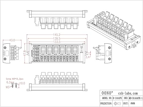 Vista 14 de Módulo de tira de distribución de energía de CC del interruptor basculante de 6 canales de montaje de tornillo