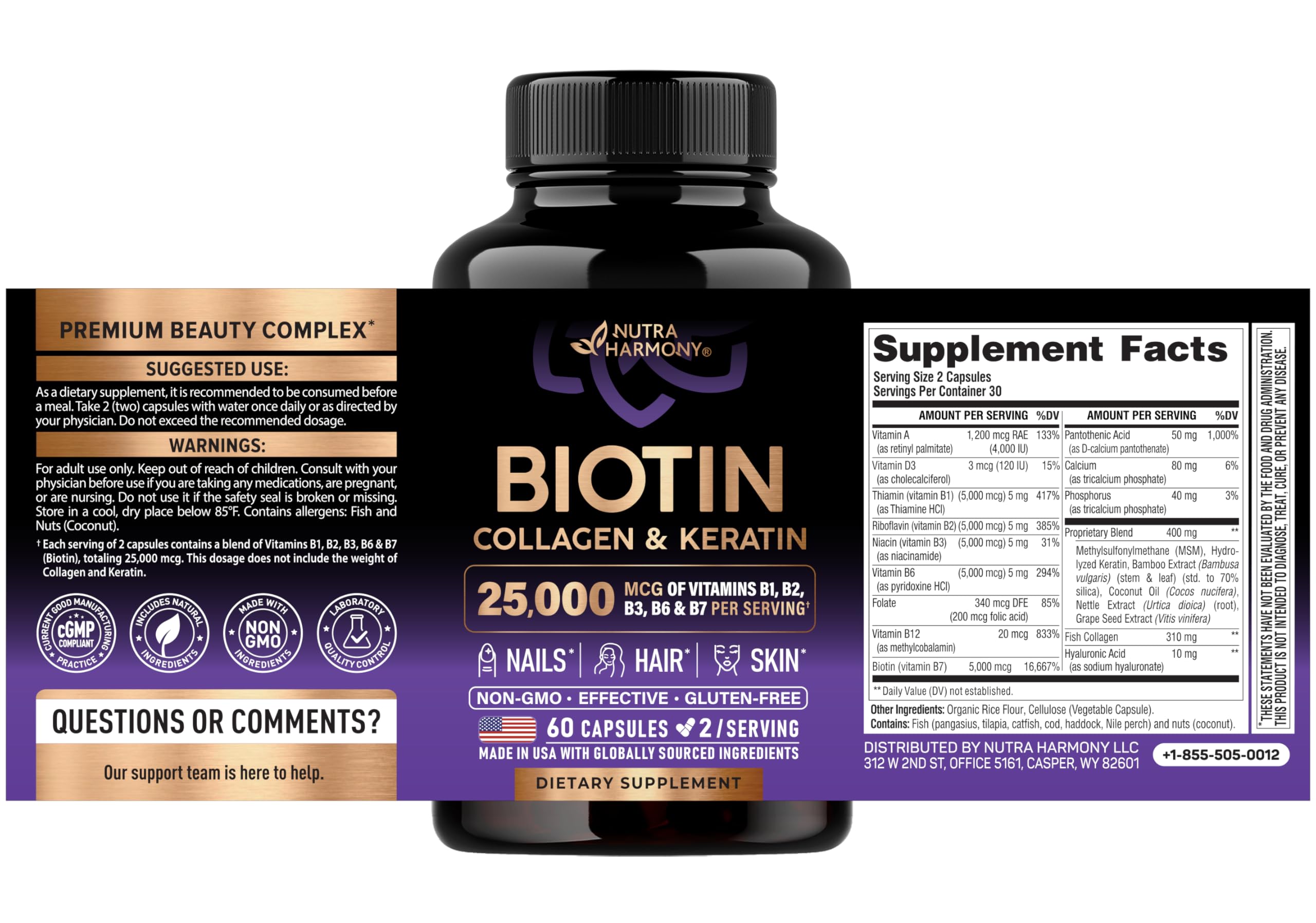 Biotin, Collagen & Keratin + Full B-Complex - Hair Growth Support - 60 Caps — Amazon image 2