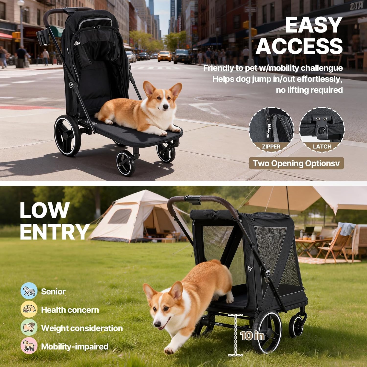 Beberoad Dog Stroller for Large Dogs, 2-in-1 Pet Stroller Dog Bicycle Trailer, R7 All-Terrain ER Tires with Shock Absorption, One-Second Fold, Mesh Windows, Detachable & Washable Waterproof Fiber