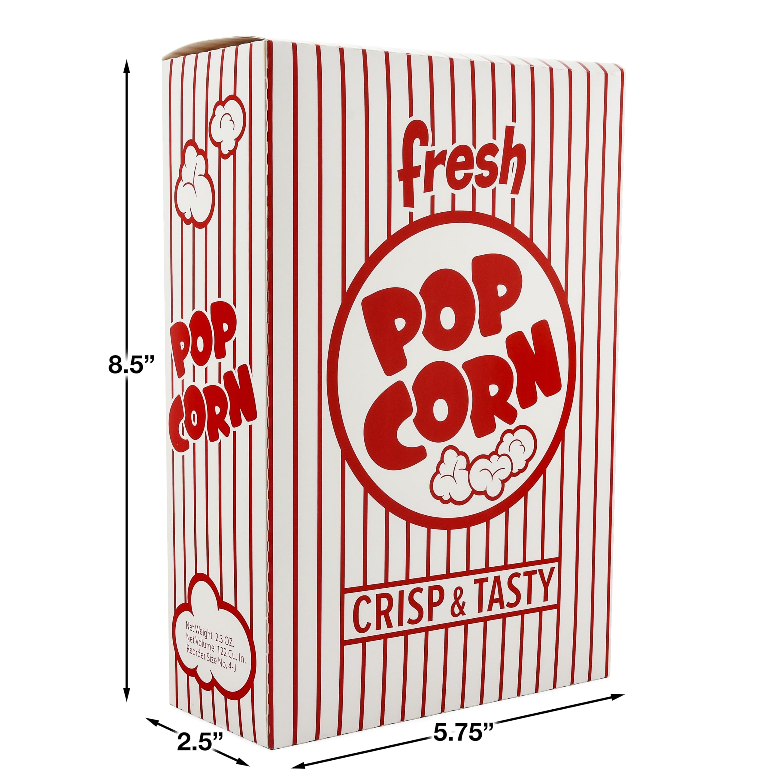 Snappy 4J Popcorn-Boxen mit geschlossener Oberseite, rot und weiß gestreift, für Filmabende, Popcorn-Behälter, Großpackung, 250 Stück, Filmnacht, 65 ml, Fassungsvermögen, 14,6 x 6,3 x 21,6 cm