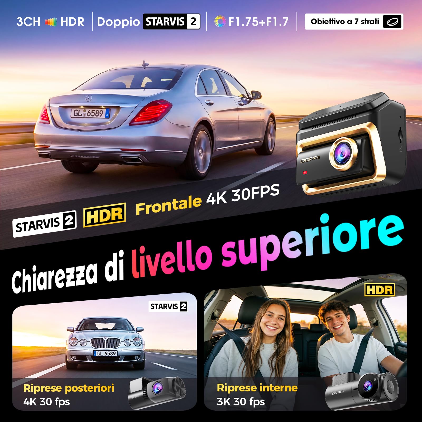 DDPAI Z90 Master 3 Kanal Dashcam Vorne Hinten Innen(4K+4K+3K),Dual STARVIS 2 IMX678 3 HDR Dashcam Auto, 64GB EMMC+128GB Karte Dash Cam, inkl.CPL, Nacht, GPS/ADAS/KI, WLAN, 4G LTE, 24h Parkwache,IPS 3"