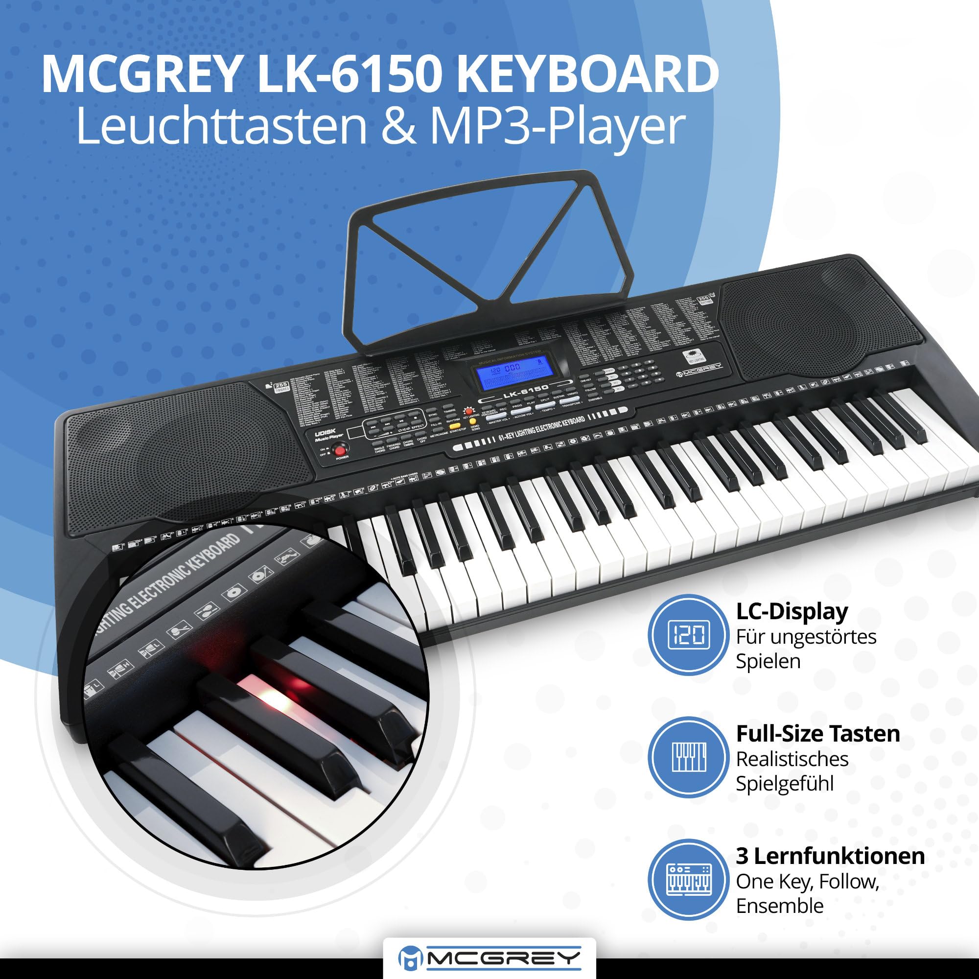 McGrey LK-6150 61 Tasten Keyboard - Einsteiger-Keyboard mit 61 Leuchttasten - 255 Sounds und 255 Rhythmen - 61 Percussion-Sounds - 50 Demo Songs - integrierter MP3-Player - Schwarz
