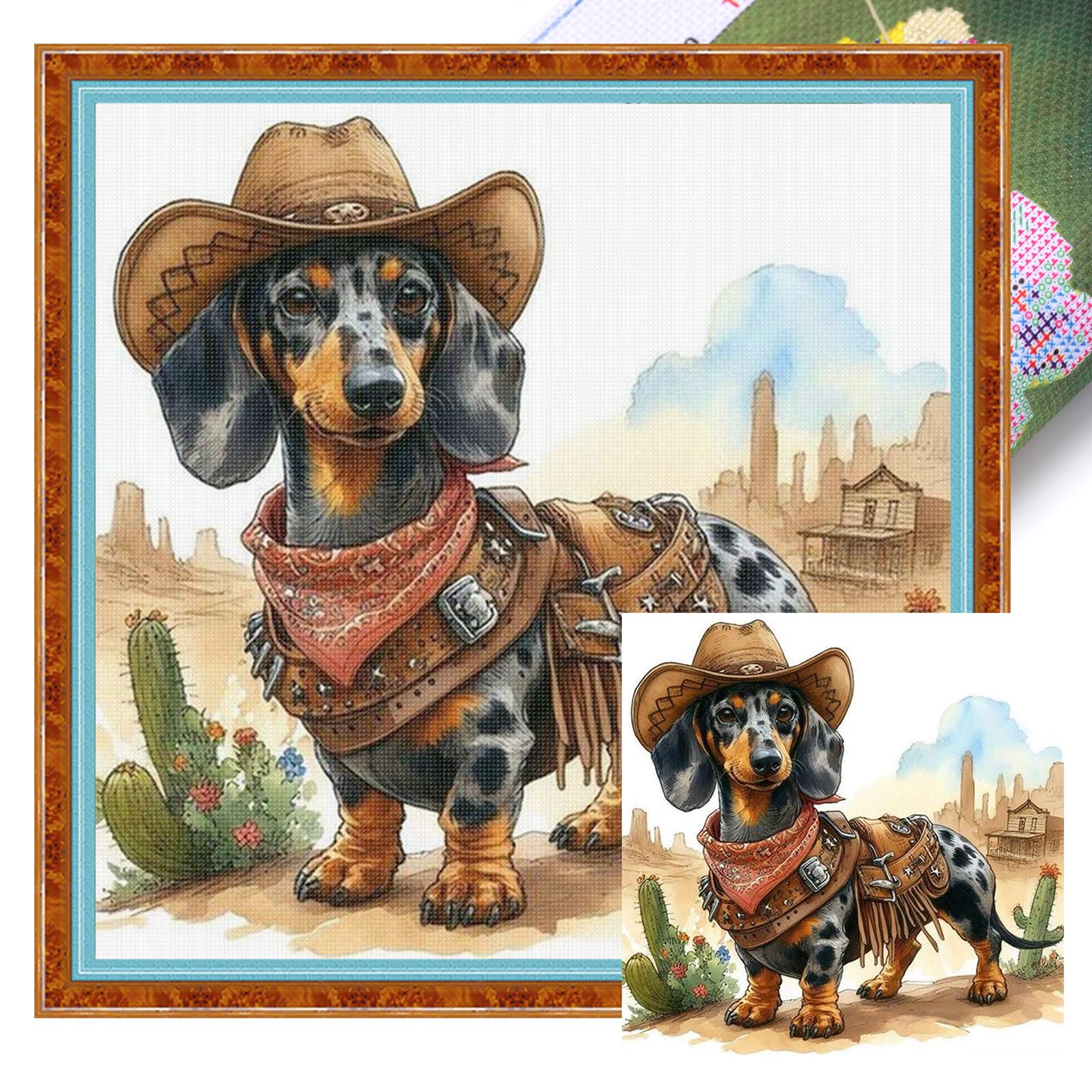 POETRYDRAW Cowboy Dachshund Full 11CT 3 Strands DIY Stamped Printed Cross-Stitch Kits for Beginners Adults Home Decor Embroidery Needlepoint Starter Kits 40x40cm