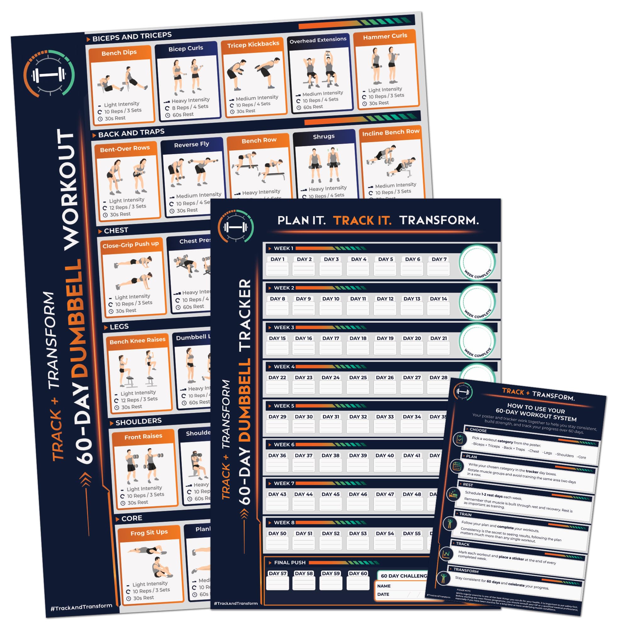 60-Day Dumbbell XL Workout Planner & Tracker Poster Set. A1 Exercise Guide + A2 Progress Tracker with Stickers. Home Gym Strength Training Plan for Men & Women. Delivered Rolled.