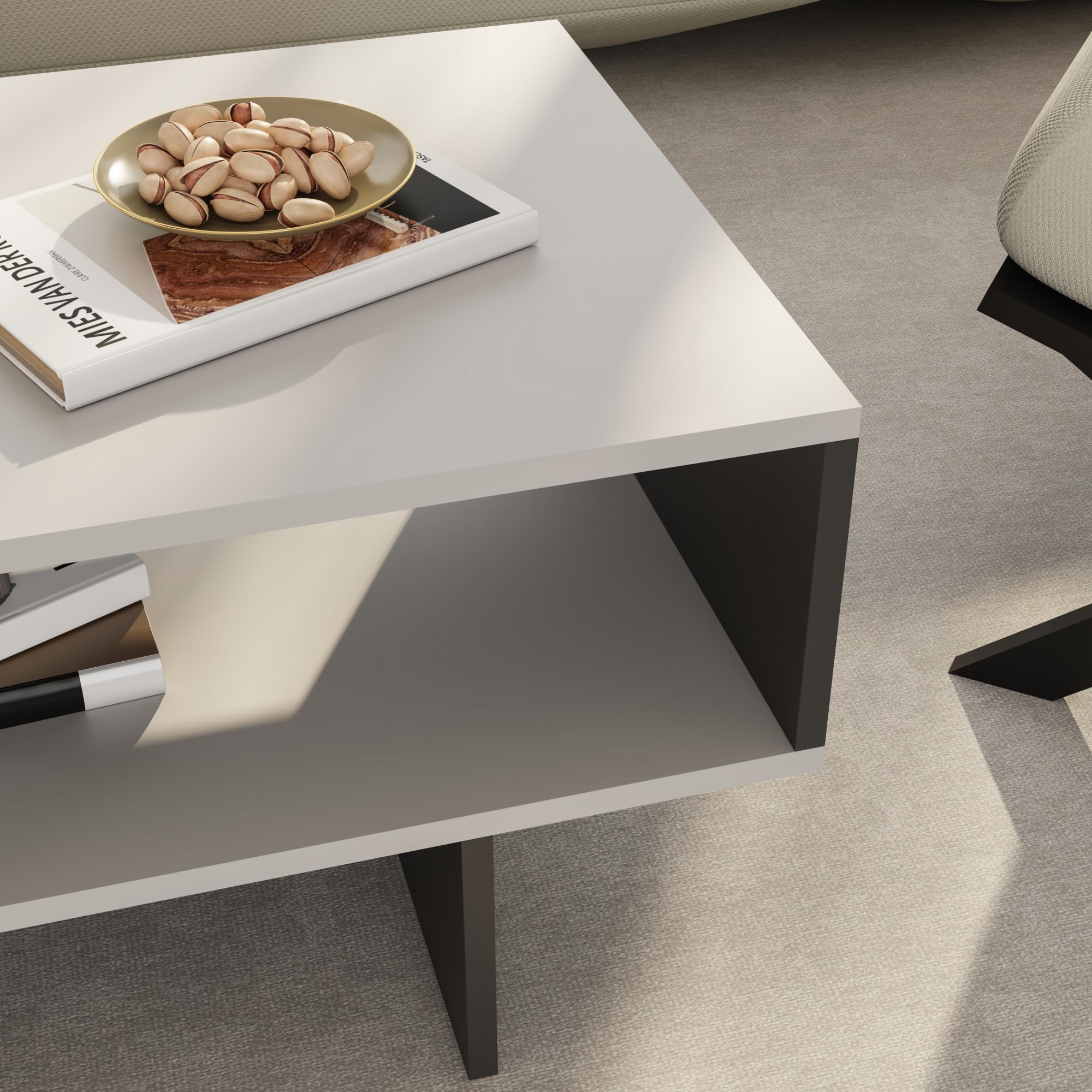 [en.casa] Tavolino da Salotto (AxLxP): 36,4 x 80 x 45 cm Tavolino Basso da Divano Tavolino a 2 Piani di Appoggio Rettangolare - Bianco/Antracite