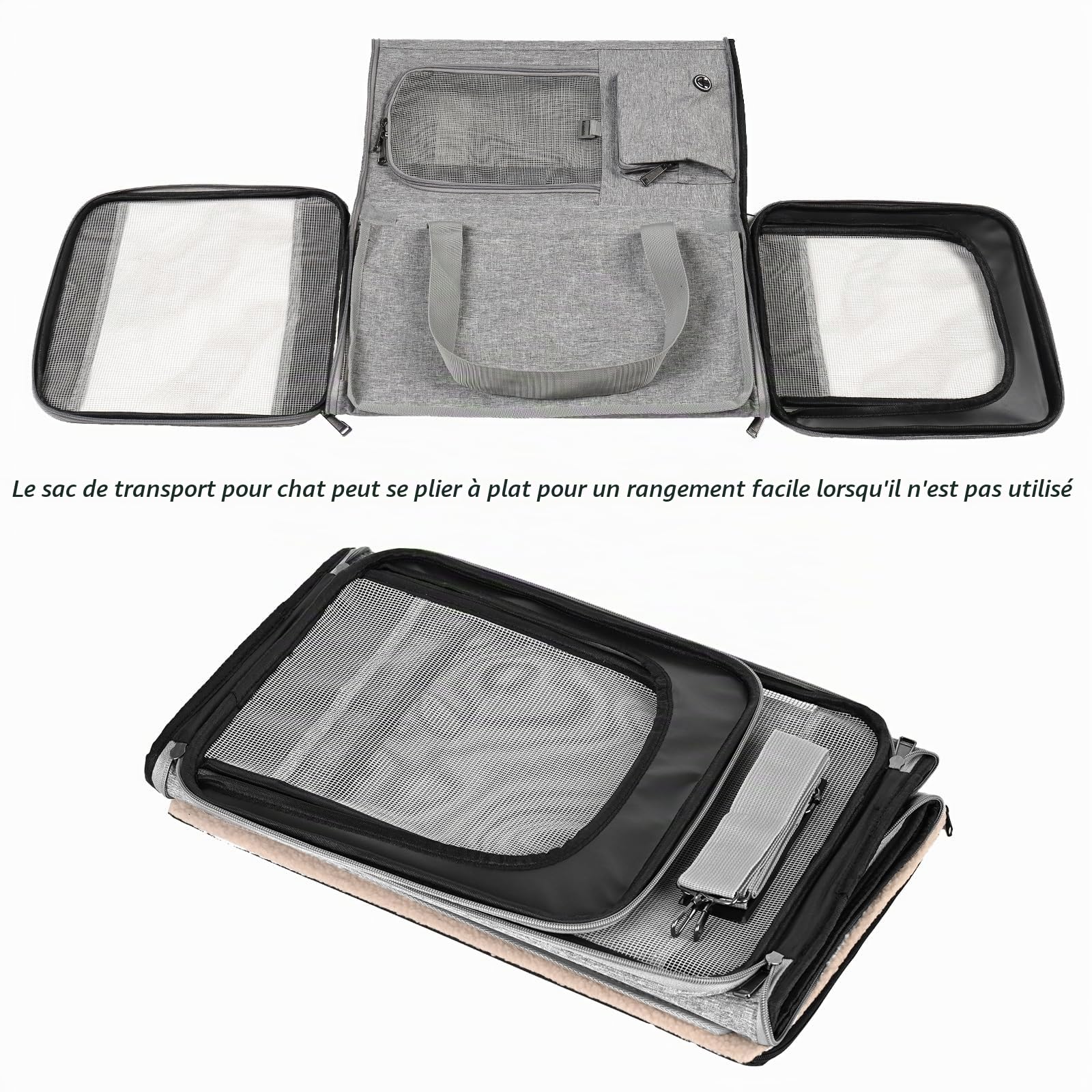 Sac Transport Chat Pliable Caisse de Transport pour Chat Petit Chien Respirant Sac de Transport pour Chaton Sac pour Animal de Compagnie avec Bandoulière Réglable (Gris)