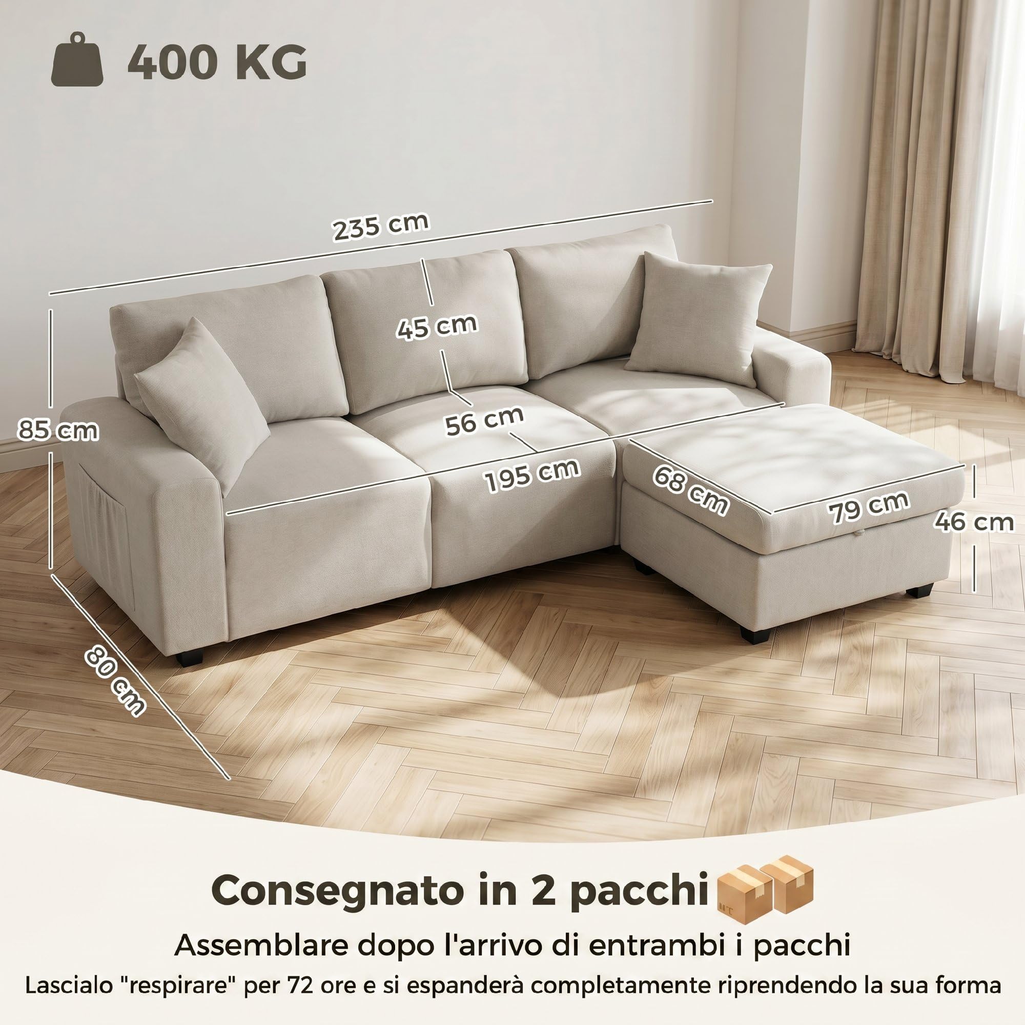 HOMCOM Divano Angolare 3 Posti Modulare in Lino, Seduta Spessa, Beige | Divano ad Angolo, Contenitore, Poggiapiedi Rimovibile, Cuscini, Divano a L Reversibile per Salotto, 235x80x85 cm