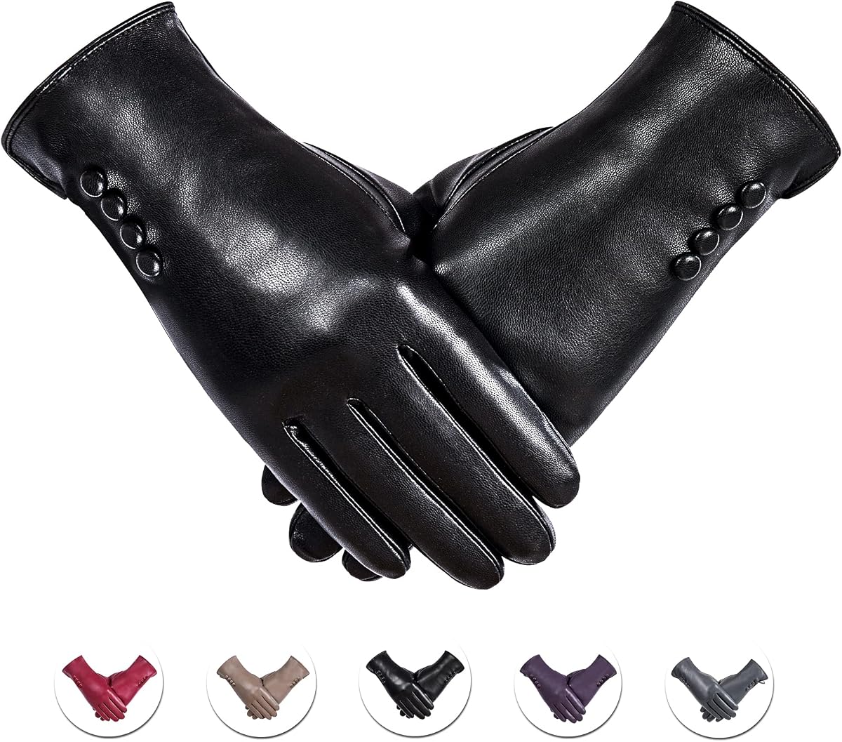 Winter PU Leather Gloves For Women, Warm Thermal Touchscreen Texting Typing Dress Driving Motorcycle Gloves Wool Lining