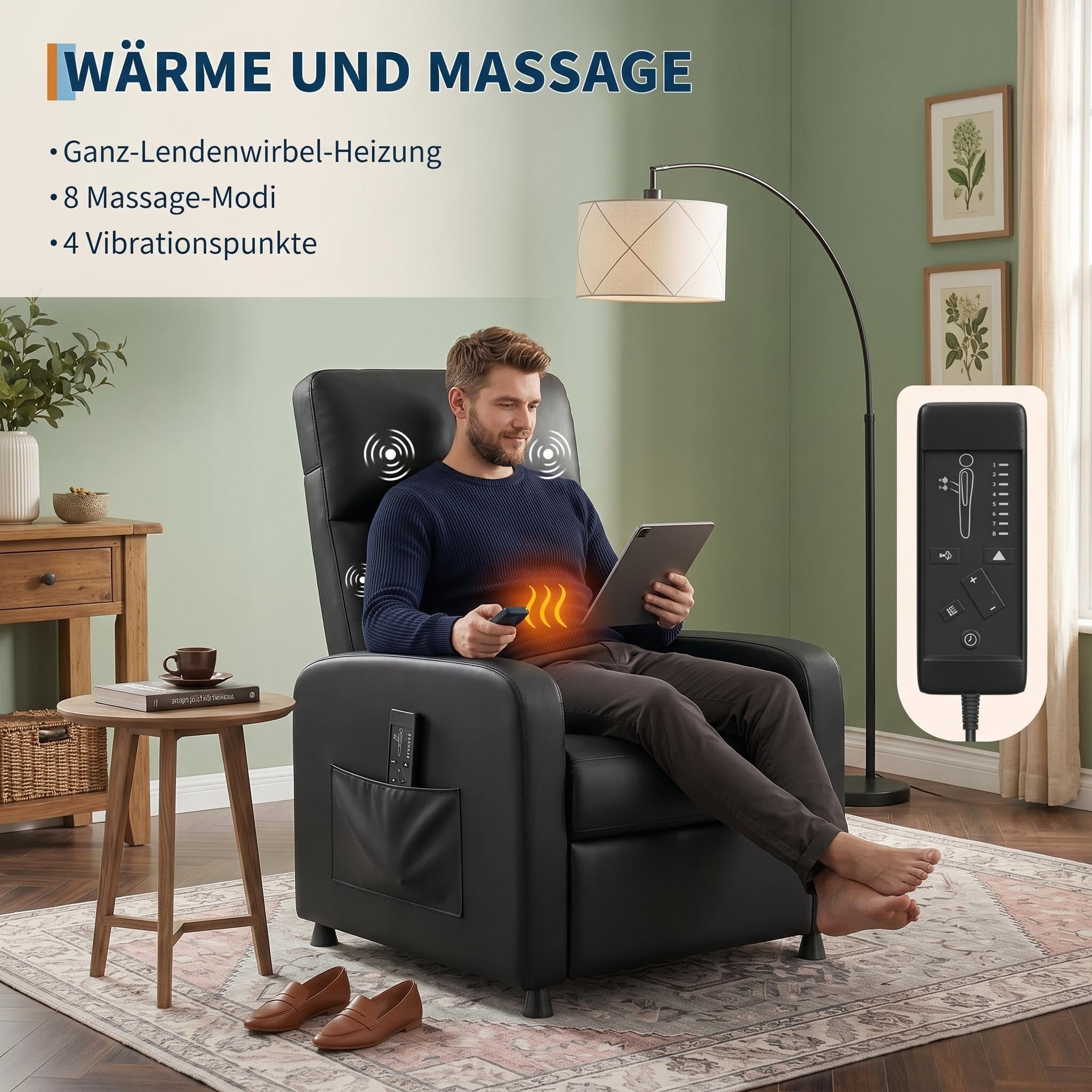 Elektrischer Massagesessel mit Aufstehhilfe, 8 Massage-Modi | Heizfunktion, Liegefunktion, Hohe Rückenlehne, gepolsterter PU-Ledersitz, USB-Anschluss, Seitentaschen & 2 Getränkehalter