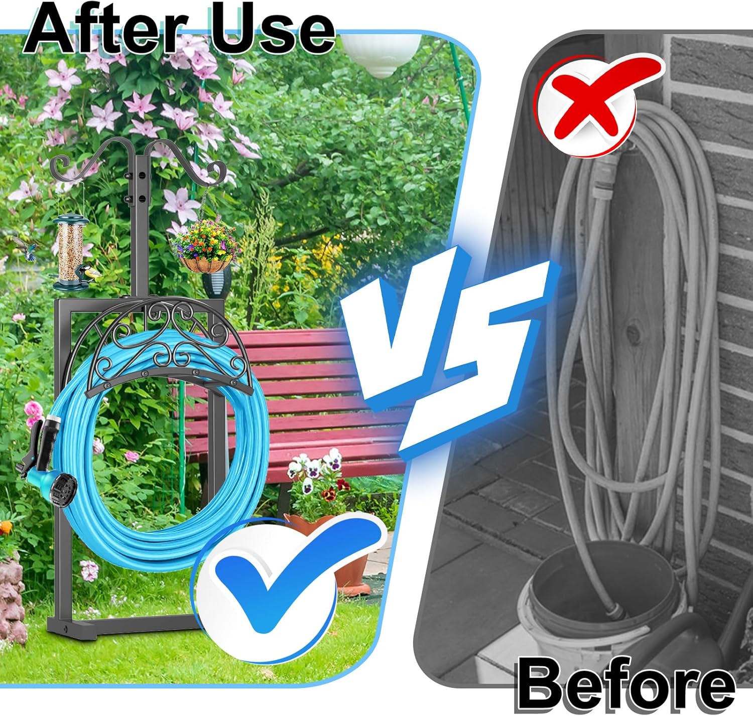 Garden Hose Holder Hanger Freestanding, Upgraded 4 Spikes Heavy Duty Storage Reel Stand with Shepherds Hooks, Holds 150ft Hose for Outside Garden Yard Lawn vegetable patch