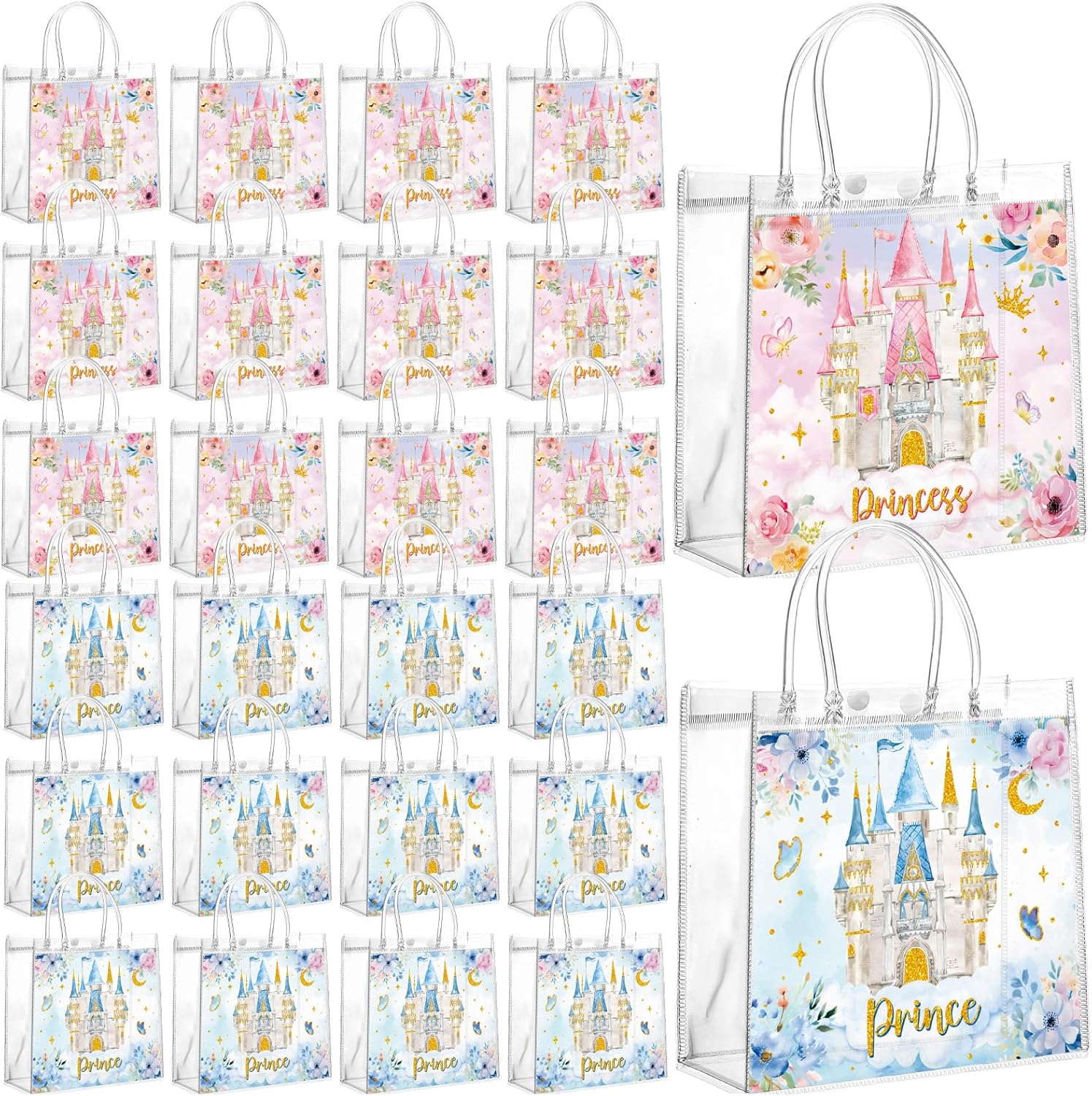 Geyoga 24pcs Princess Party Favor Bags with Handles Mini PVC Prince Princess Gift Bags Bulk 6.3 x 5.9 Inches Watercolor Castle Themed Treats Gift for Baby Shower Gender Reveal Birthday Supplies