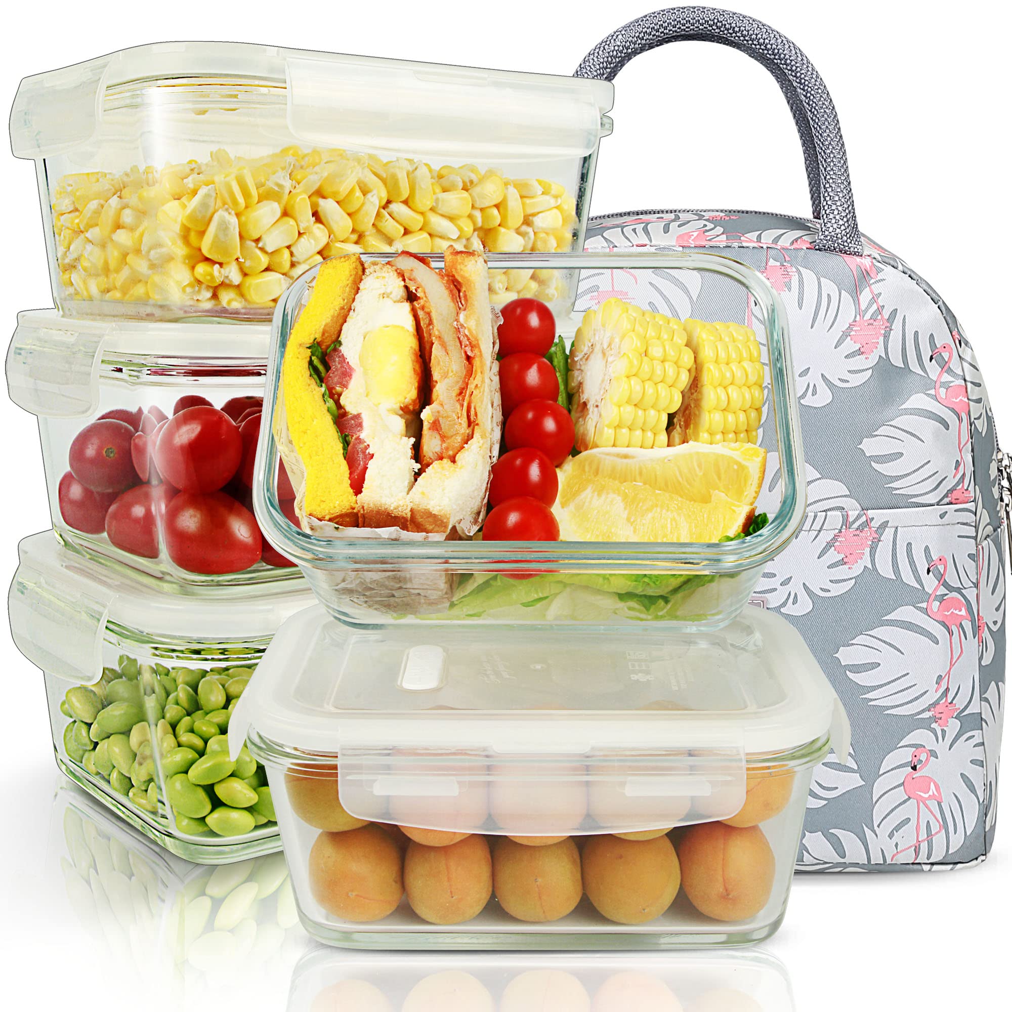 Photo 1 of 5 Pack 36.8oz Glass Food Storage Containers Meal Prep Containers Reusable Fridge Organizers Lunch Container for Adults Food Storage Containers with Lids Airtight Pizza Storage Salad Containers 36oz White