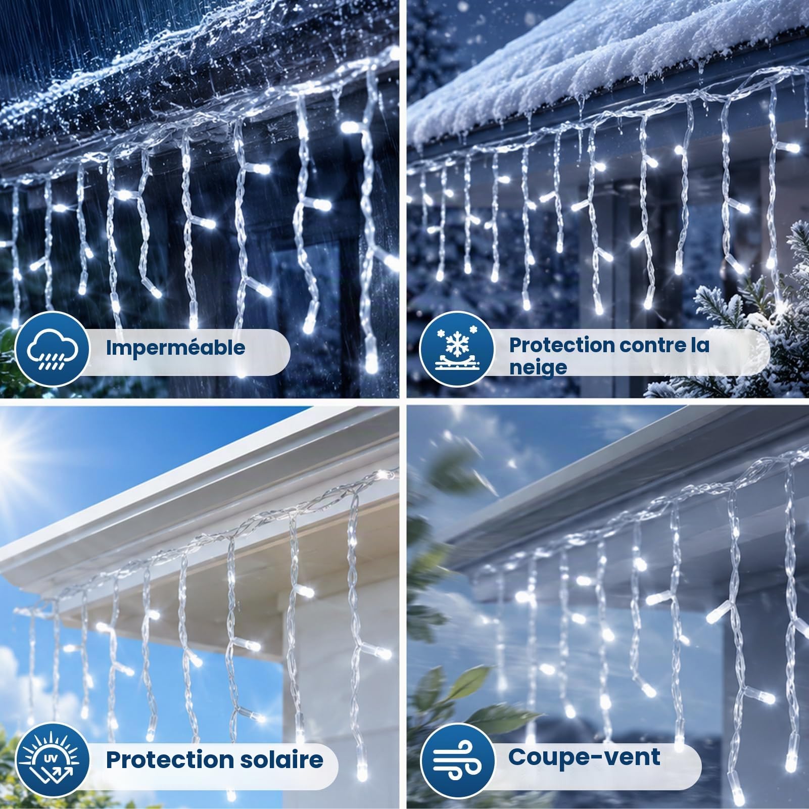 PEMOTech – Guirlande lumineuse de Noël en forme de stalactite pour l'extérieur, 423 LED, 10 m/33 pi, lumières de fée blanc froid, IP65 étanche et résistante à la poussière, 8 modes et télécommande