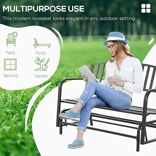 Miniatura 5 de Outsunny Banco planeador para exteriores, banco planeador para patio exterior con reposabrazos, asiento y respaldo de rejillas, sofá biplaza con