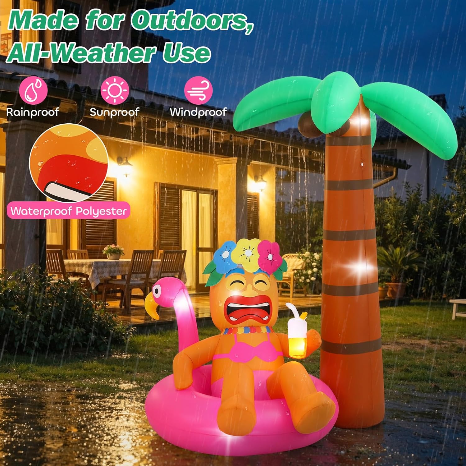 Lewondr 6FT Inflatable Tiki Luau Decor, Flamingo Coconut Palm Luau Party Decorations, Blow up Hawaiian Outdoor Decoration with 7 LED Lights, Summer Outdoor Inflatable for Tropical Pool Beach Yard Lawn