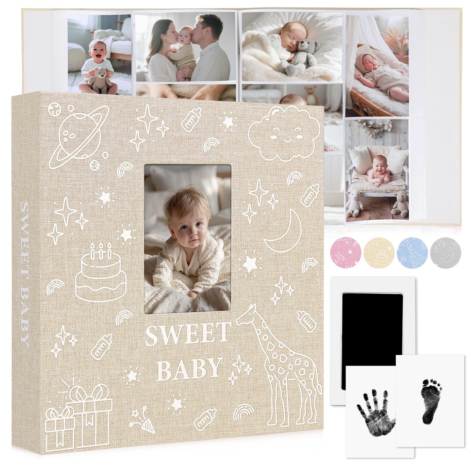 EARLY MINDS Baby Photo Album 10 x 15 600 Pockets with Memo Area & Hand and Footprint Kit, Linen Cover, Slip-in Memory Book with Front Window, Acid Free for Newborn Boys and Girls