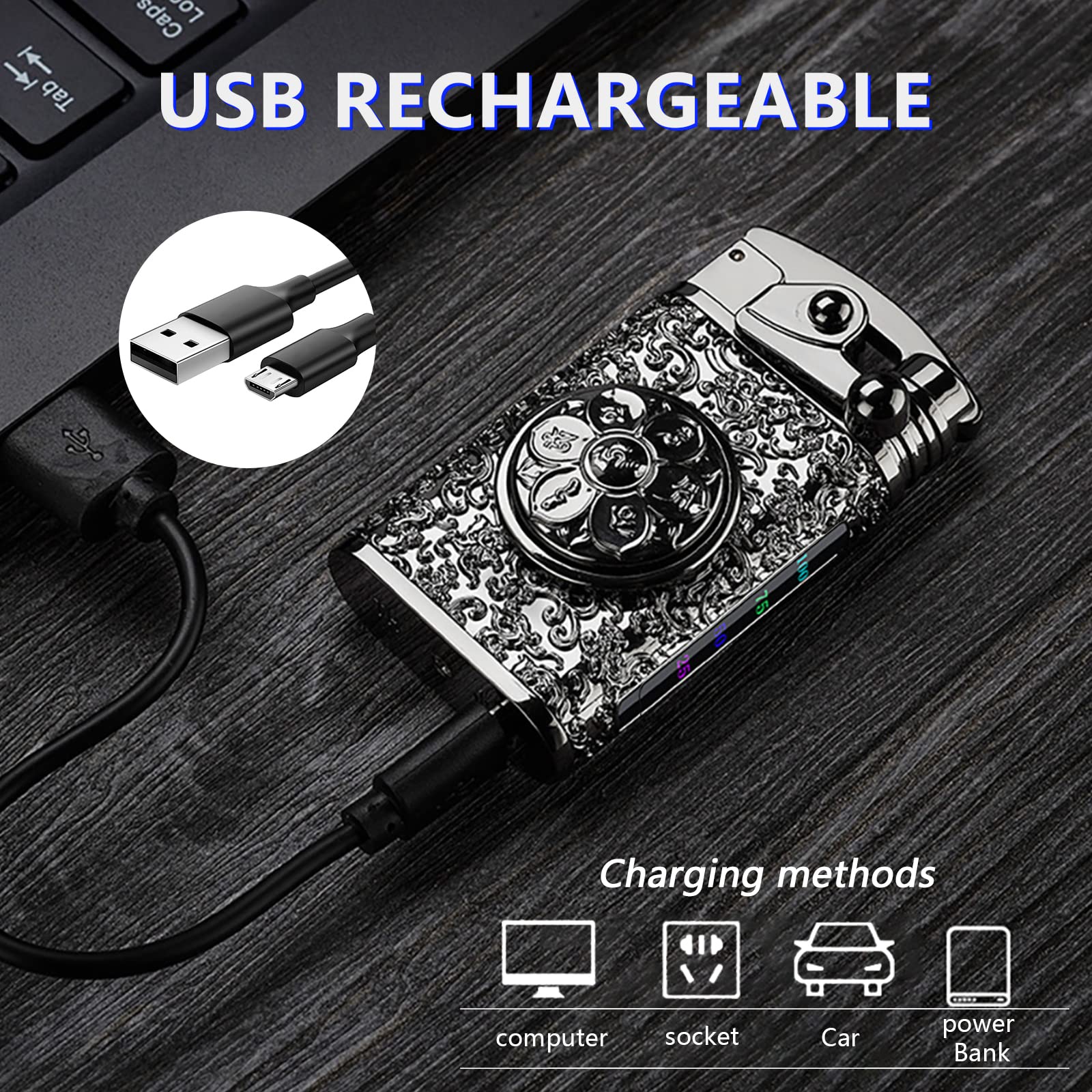 BABOBIU Briquet électrique rechargeable coupe-vent à allumage rapide avec double arc plasma et affichage de l'alimentation LED pour camping, pique-nique, chasse, sortie, aventure (noir)