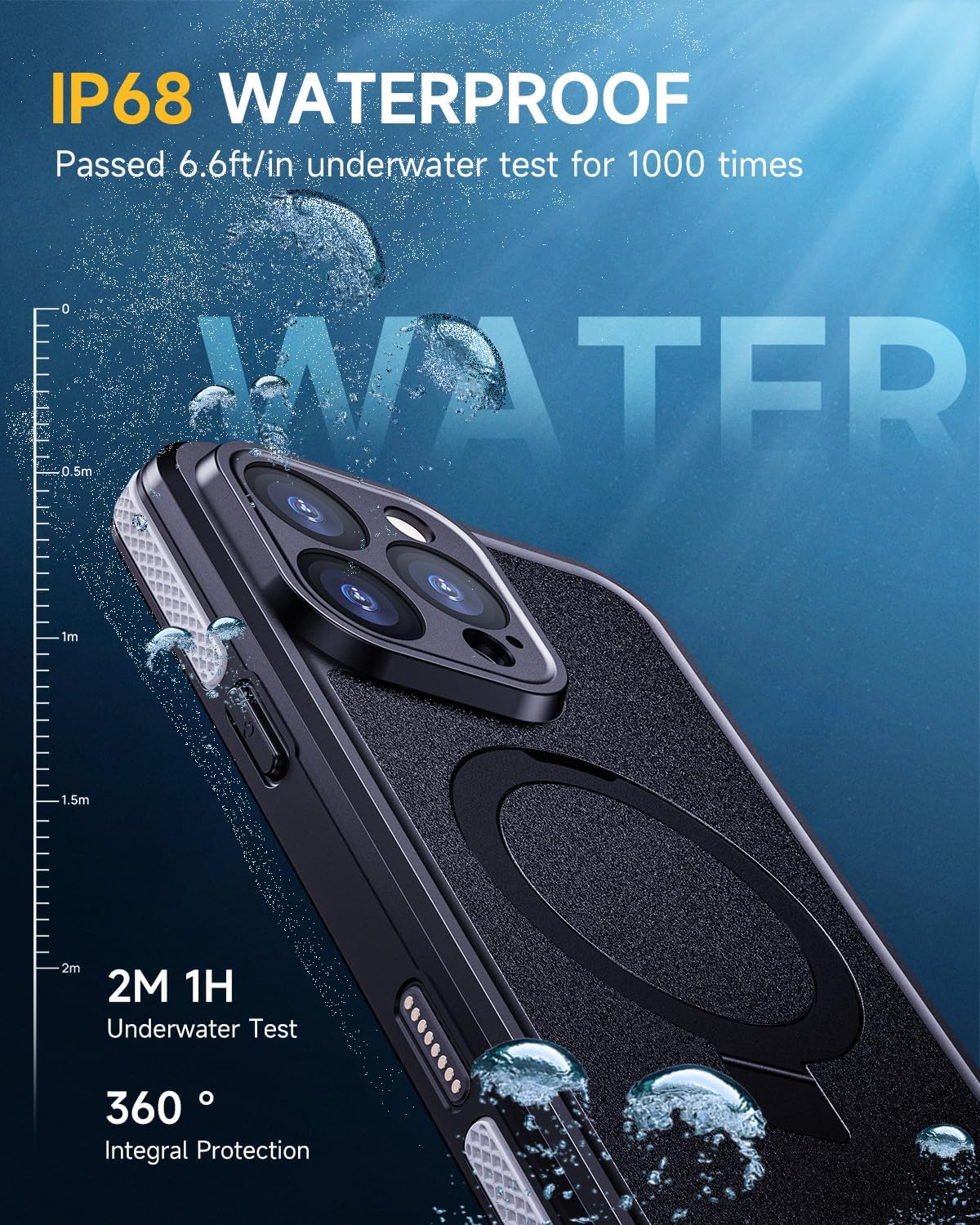 Lanhiem Magnetic for iPhone 16 Pro Max Waterproof Case, Dustproof Case Built-in Screen Protector, [Fit for MagSafe] [Invisible Stand] Shockproof Heavy Duty Underwater Case for 16 Pro Max (Black) - Image 2