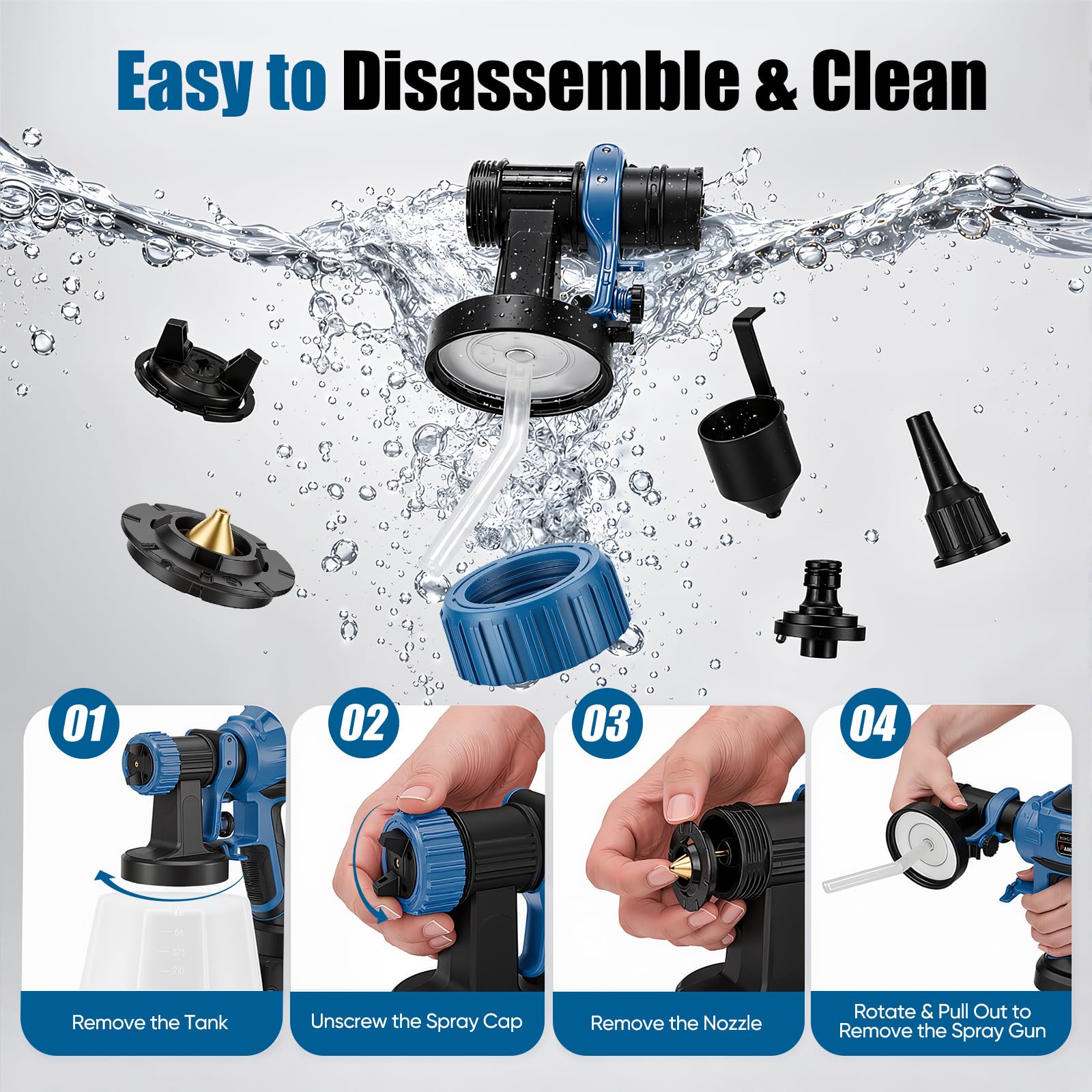 Pistola de Pintura Eléctrica 21V, 800 ml/min Pistola para Pintar HVLP con 5 Boquillas & 3 Patrones de Pulverización, Depósito 1200 ml, 2X Baterías 2000mAh – Ideal para Muebles, Vallas, Puertas