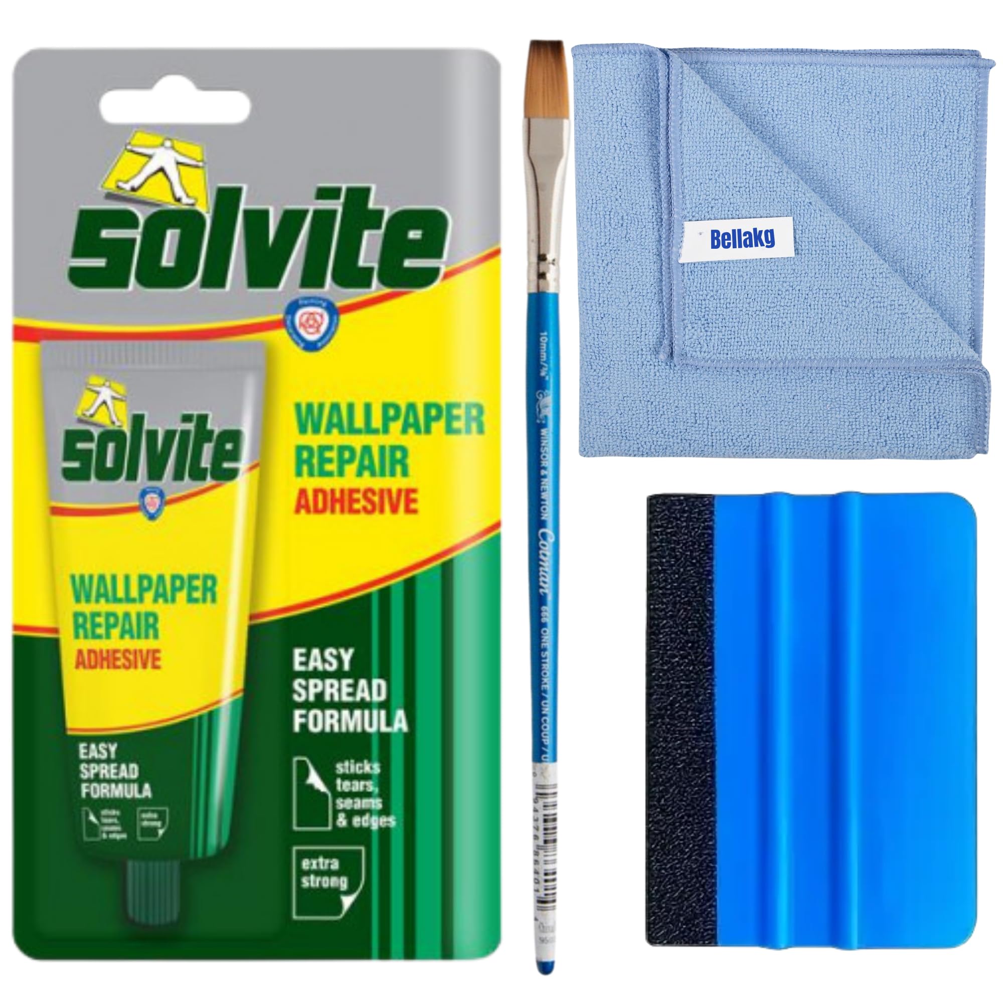 Solvite Wallpaper Repair Adhesive Tube | Includes +1 Microfiber Cloth + 1 Nylon Bristle Brush + 1 Blue Vinyl Squeegee | Strong Wall Paper Paste for Wallpaper Borders, Wall Repair & Ceiling Wallpaper B