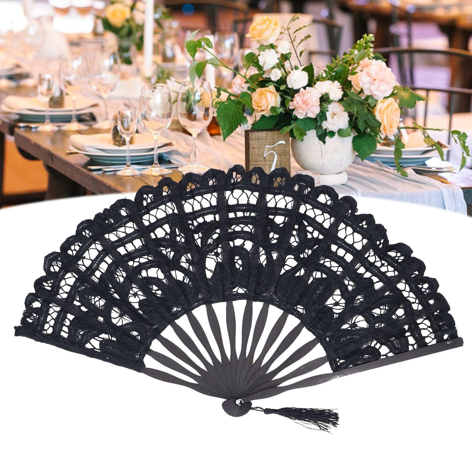 TOPINCN Abanico de Mano Plegable de Encaje de Algodón Abanico de Mano Nupcial Bordado con Bastones de bambú para la Decoración de la Boda Fiesta de Baile (Negro)
