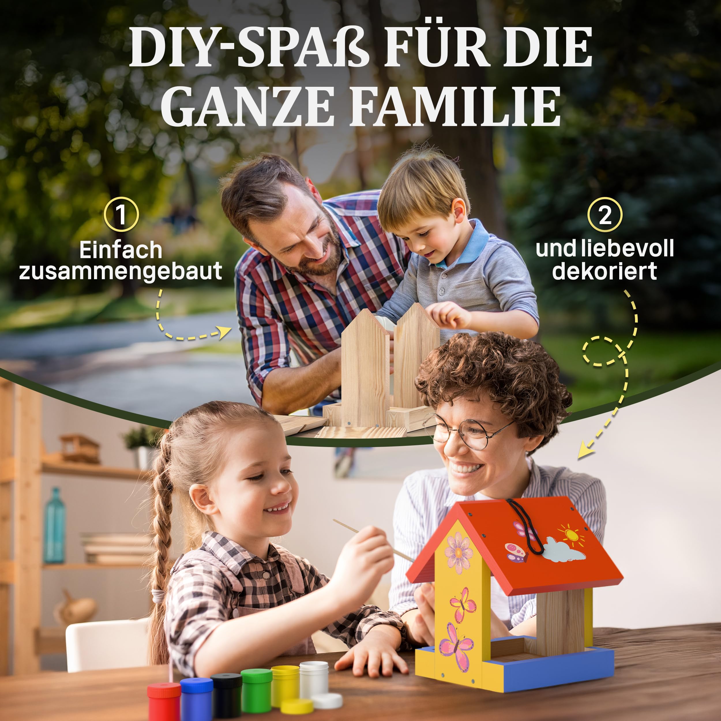 Eli® Vogelfutterhaus Bausatz für Kinder aus Kiefernholz zum bemalen inkl. 6 Farben - Pinsel - Hammer - kreative Schablonen - Vorlagen und Nägel - Nistkasten