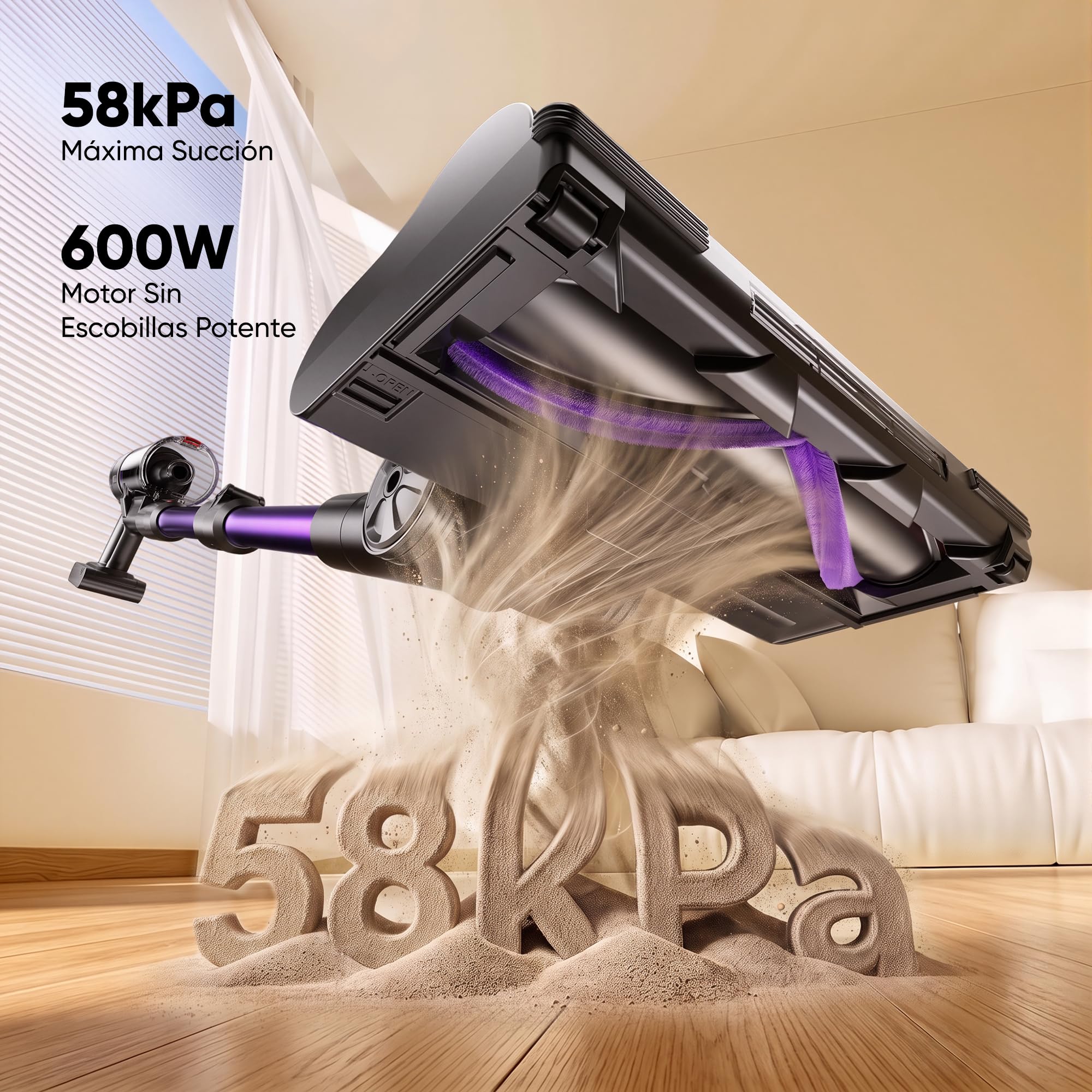 Aspiradora sin Cable 58Kpa/600W/75Min para Suelos/Alfombras/Pelo de Animale