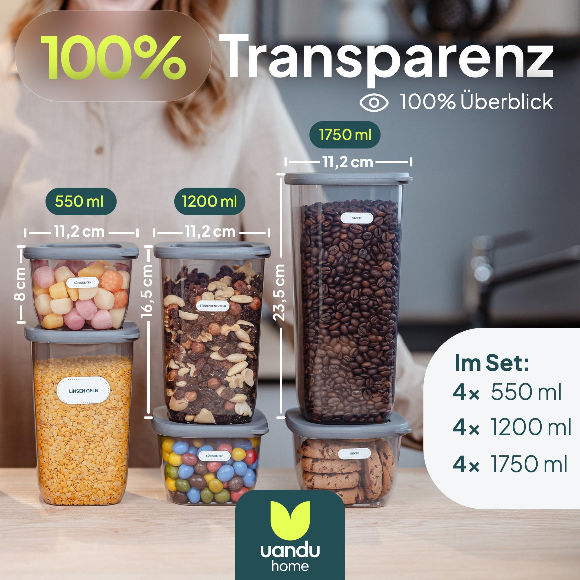 uandu Vorratsdosen mit Deckel luftdicht – 12er Vorratsbehälter Set BPA Frei, Aufbewahrungsdosen Küche für Müsli, Mehl & Zucker, Mit Etiketten
