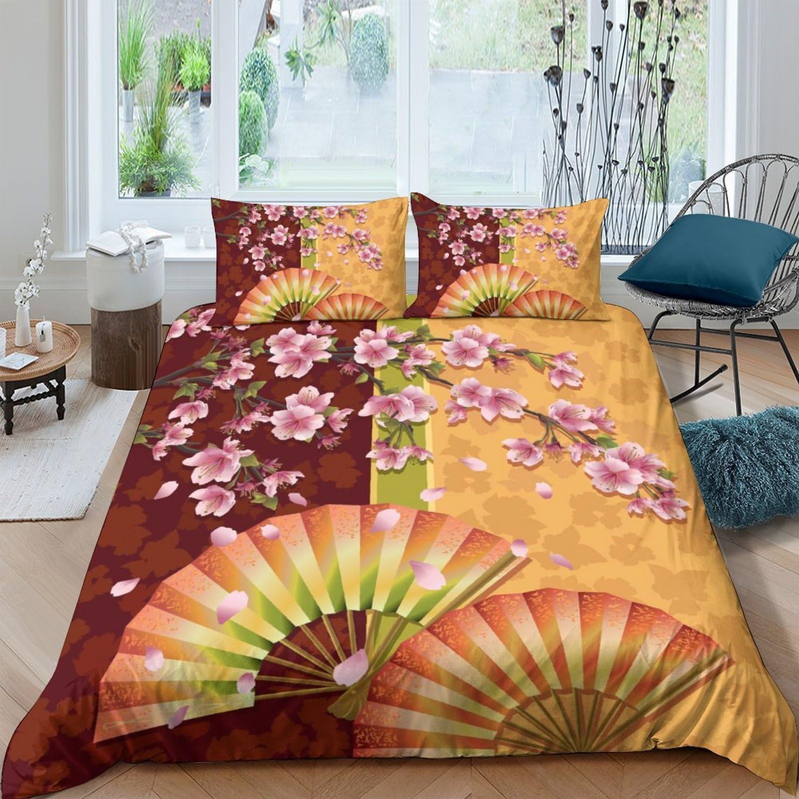 Ctjqhvkz Style-5 3D Printed Sakura Blossom Fitted Sheet Microfiber Soft Japanese Fan Bed Cover For Bedroom Guest Room Easy Care Decor Single（135X200cm）