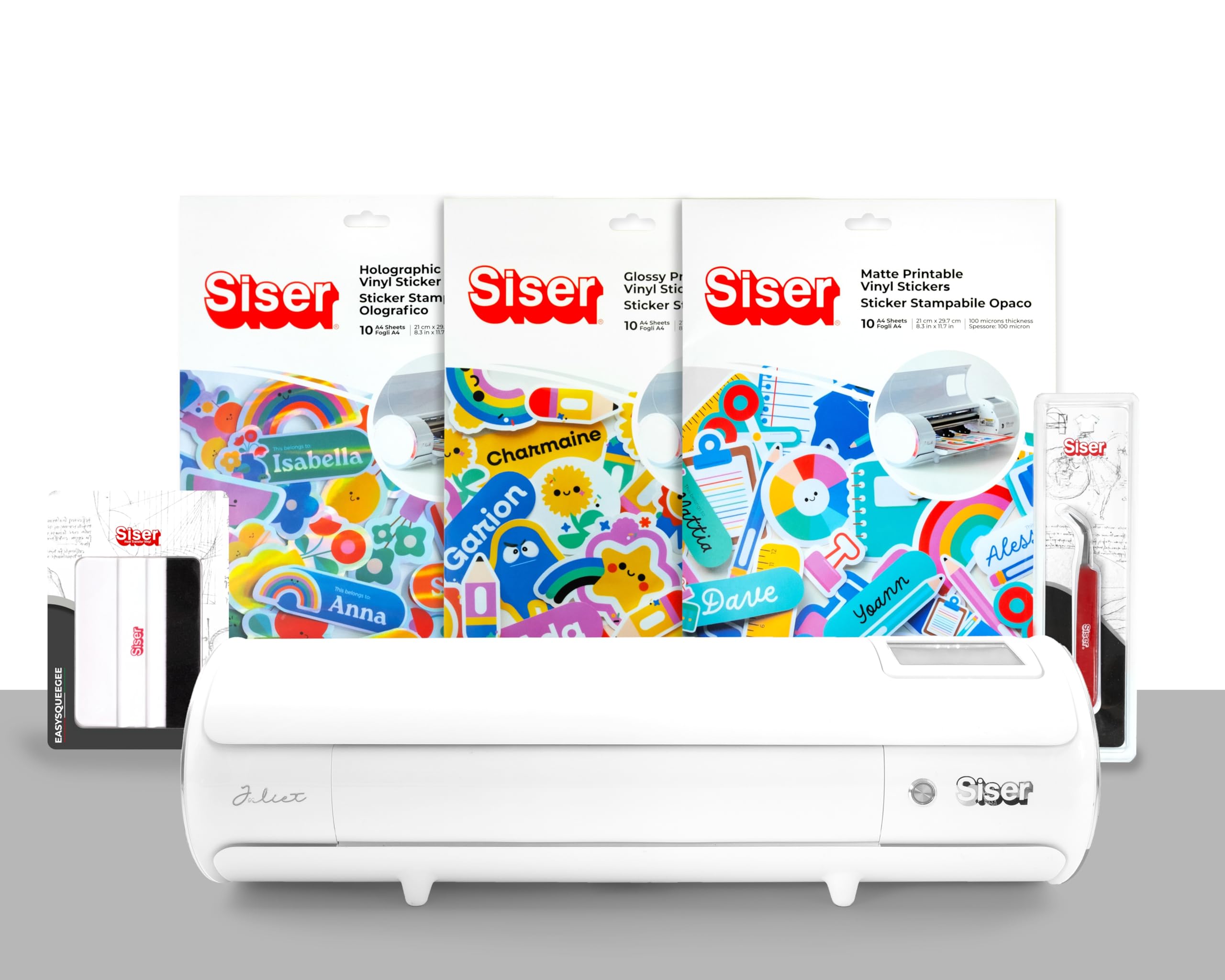 Siser Juliet® Pacchetto Print&Cut - Plotter da Taglio Professionale ad Alta Precisione con Sticker Adesivi Stampabili, Spatolina e Pinzette – Ideale per Stickers, Etichette e Creazioni DIY
