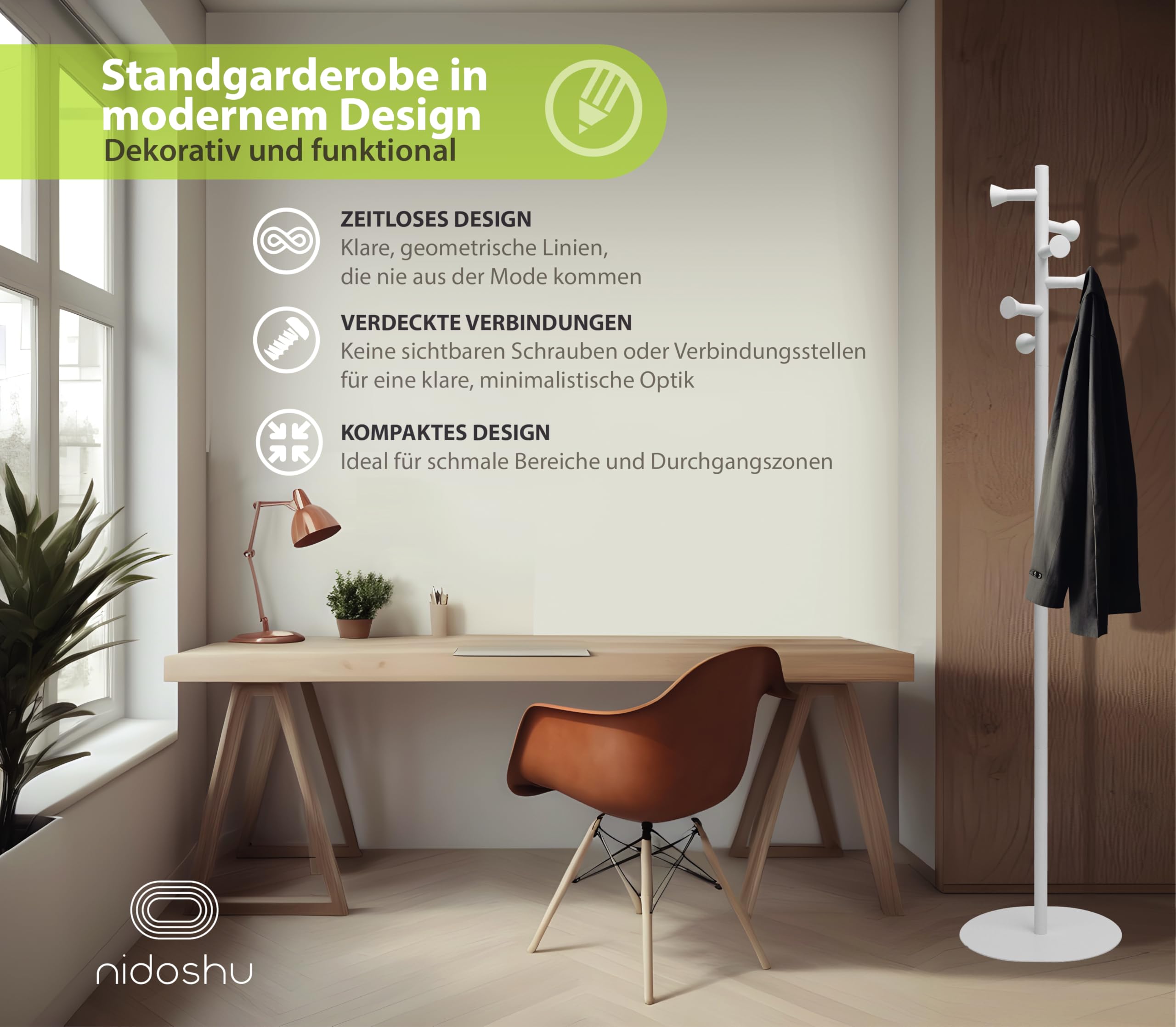 Garderobenständer weiß aus Metall, Kleiderständer klein, keine sichtbaren Schrauben, stabil und platzsparend, minimalistisches Design, Flurgarderobe für kleine Räume (WEISS MATT)