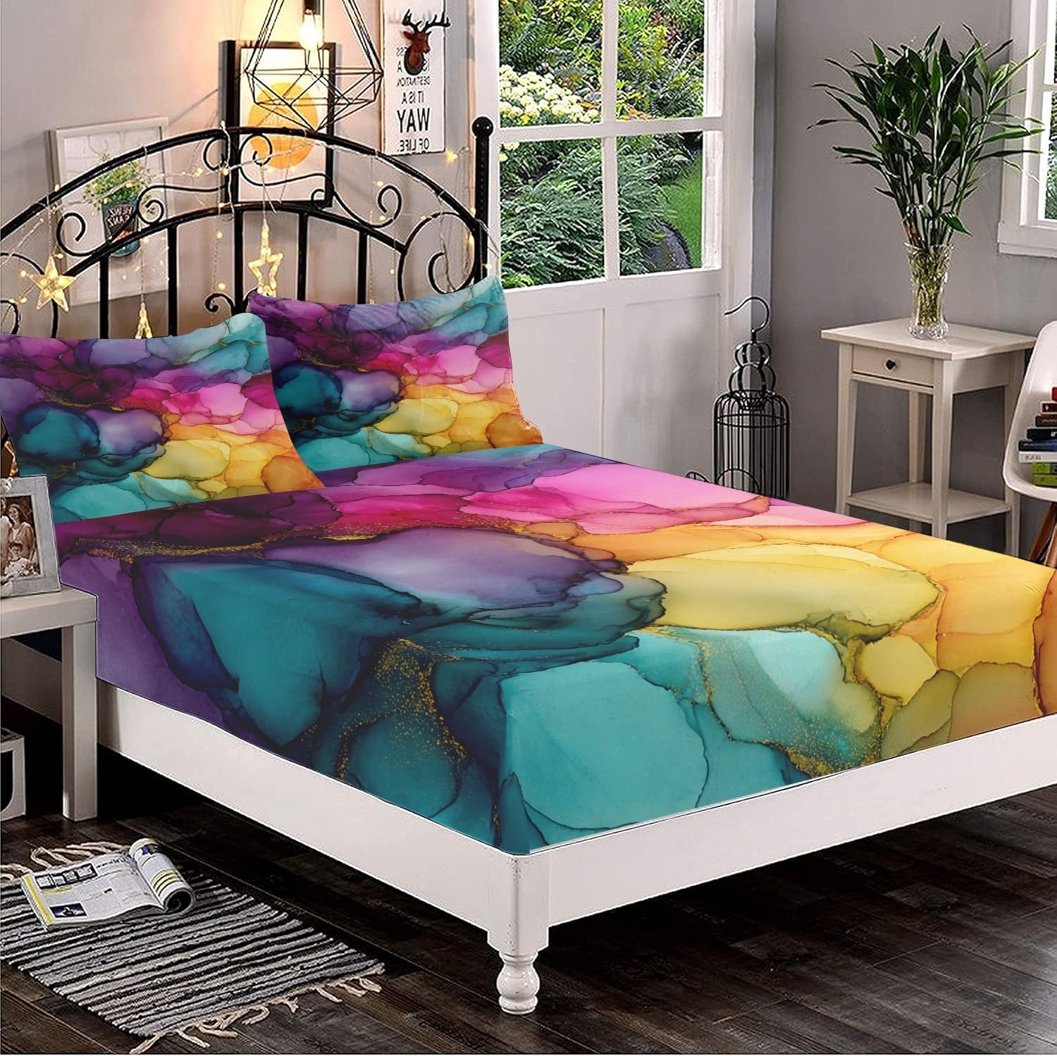 Drap Housse 200x200 cm Coloré Grand Bonnet 30 cm en Microfibre