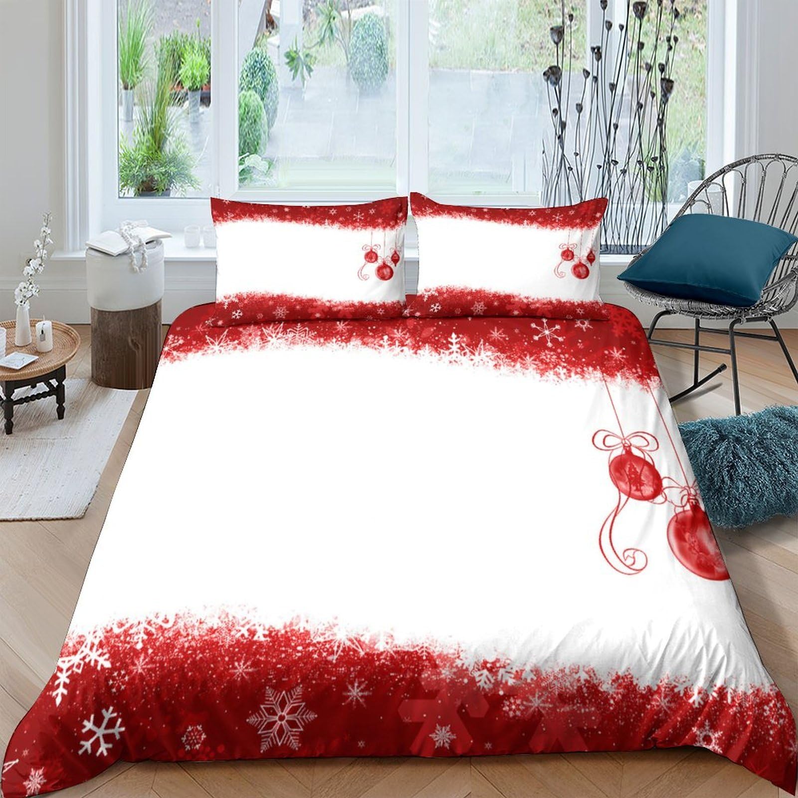 Ctjqhvkz Style-3 3D Printed Christmas Snowflake Fitted Sheet Microfiber Red White Ornament Mattress Cover For Bedroom Guest Room Decor Single（135X200cm）