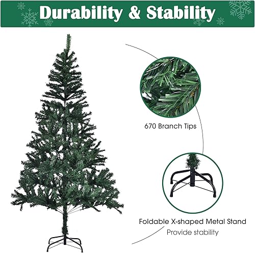 Miniatura 5 de Yescom Árbol de Navidad artificial de 6 pies, árbol de Navidad verde, con bisagras plegables, 670 puntas de ramas para fiestas, vacaciones, oficina,