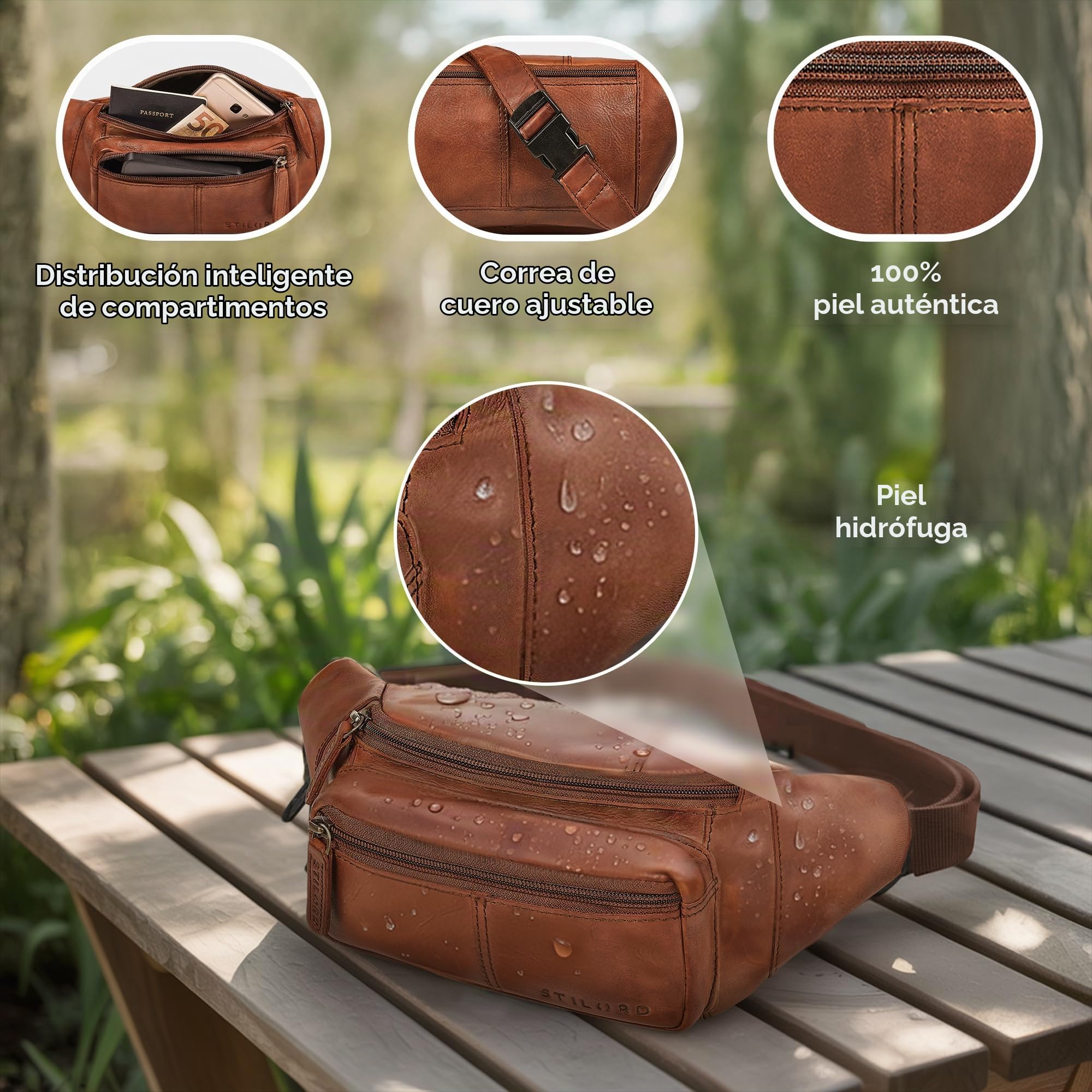 STILORD 'Devon' Riñonera Hombre Cuero Cognac Vintage con Muchos Compartimentos - Riñoneras Hombre Cuero Auténtico antirrobo - Ideal Bolso Cinturon en Viajes y Festivales