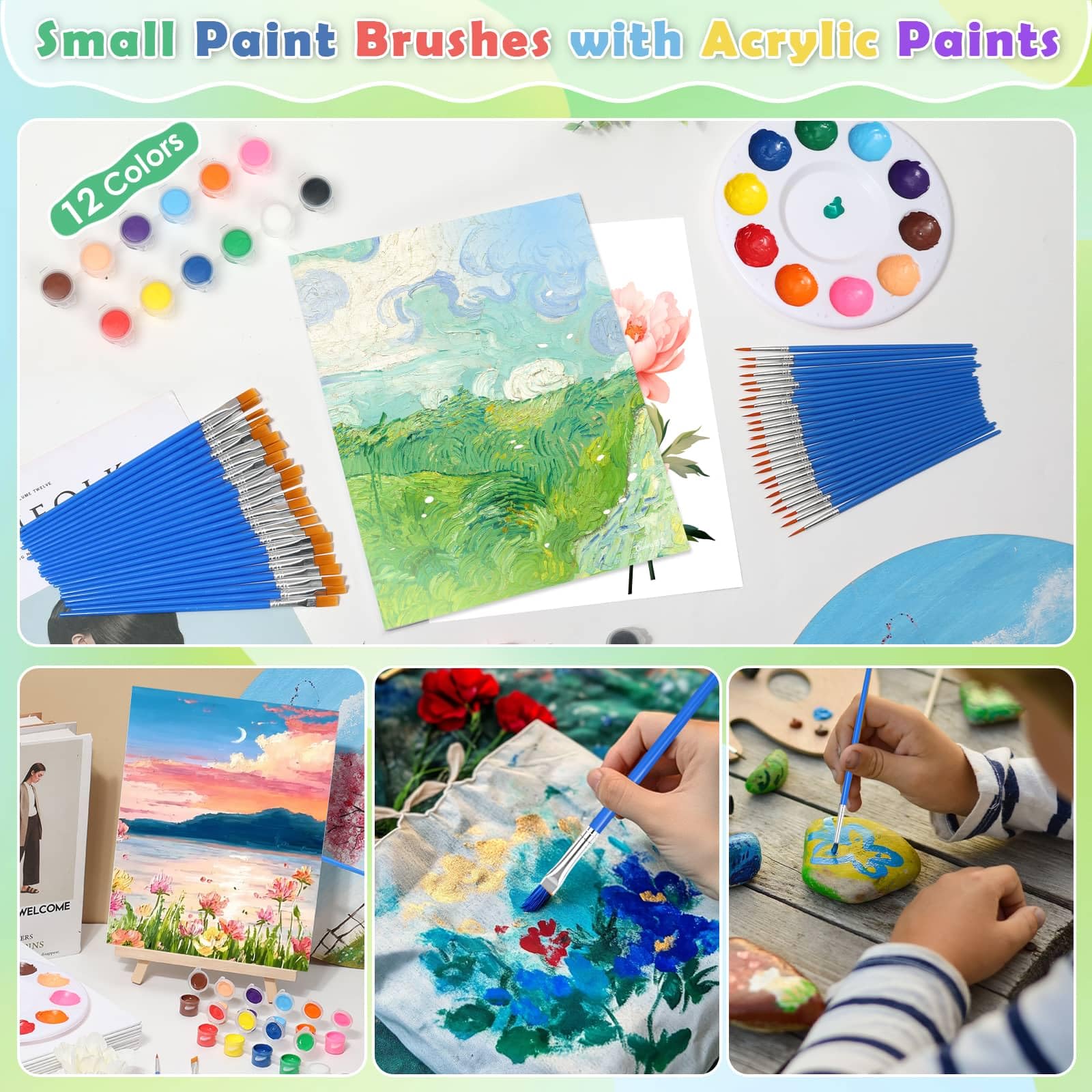 10 Stück 20,3 x 25,4 cm Leinwandtafeln zum Malen, Kunstleinwand zum Zeichnen mit 50 Pinseln und 10 Farbschalen und 10 Acrylfarben, Mini-Malleinwand mit Staffelei-Set, Malsets für Erwachsene und Kinder