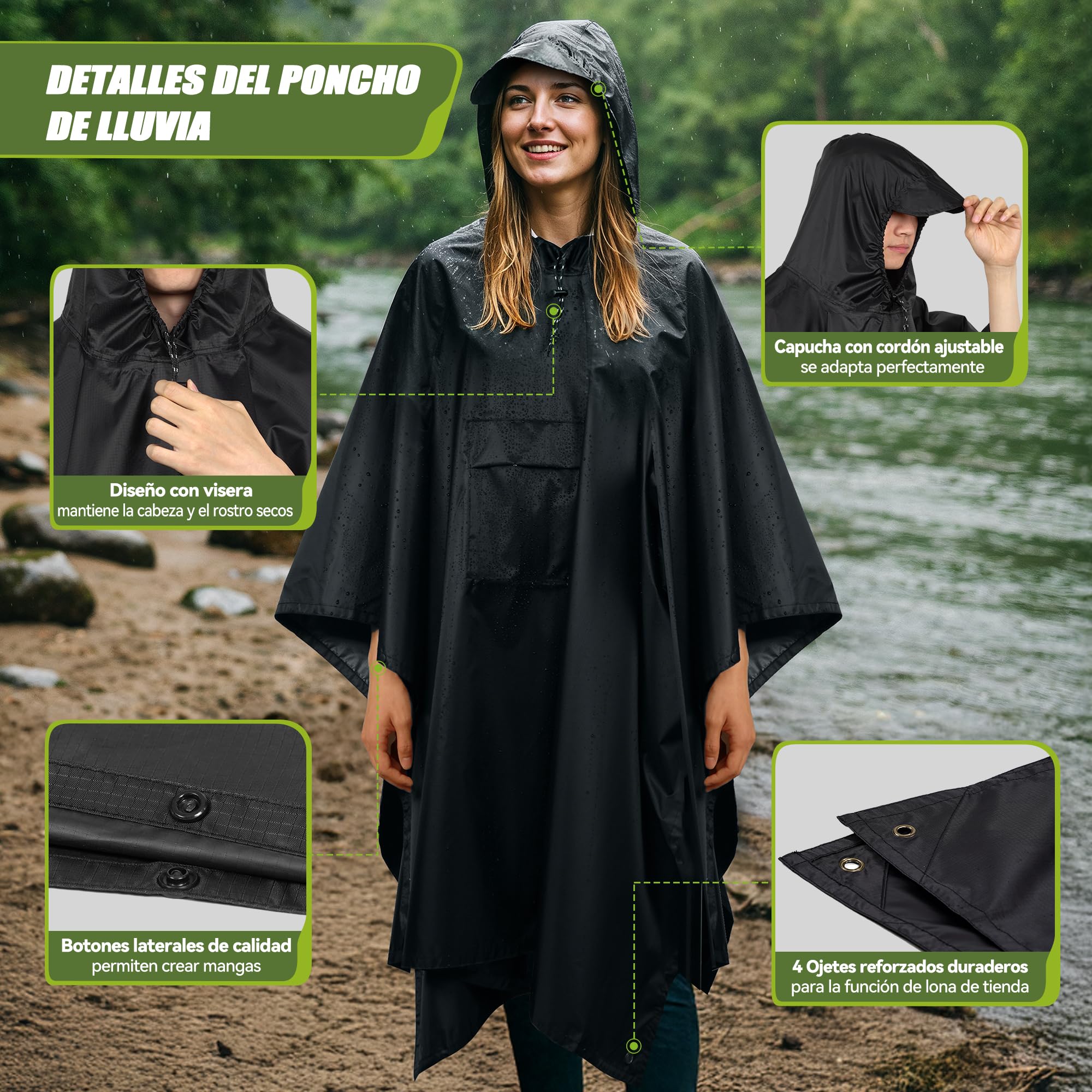 TechRise Chubasquero Poncho Impermeable, Ultraligero y Compacto, Poncho Unisex en Eva con Capucha, Multifuncional Reutilizable para Senderismo, Camping, Pesca, Ciclismo
