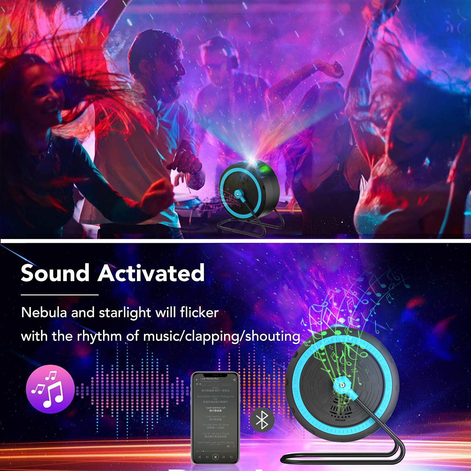 Proiettore di stelle a LED, con lettore musicale integrato, Bluetooth, luce notturna, può essere appeso e ruotato di 360°, con telecomando, per bambini e adulti, decorazione per la casa