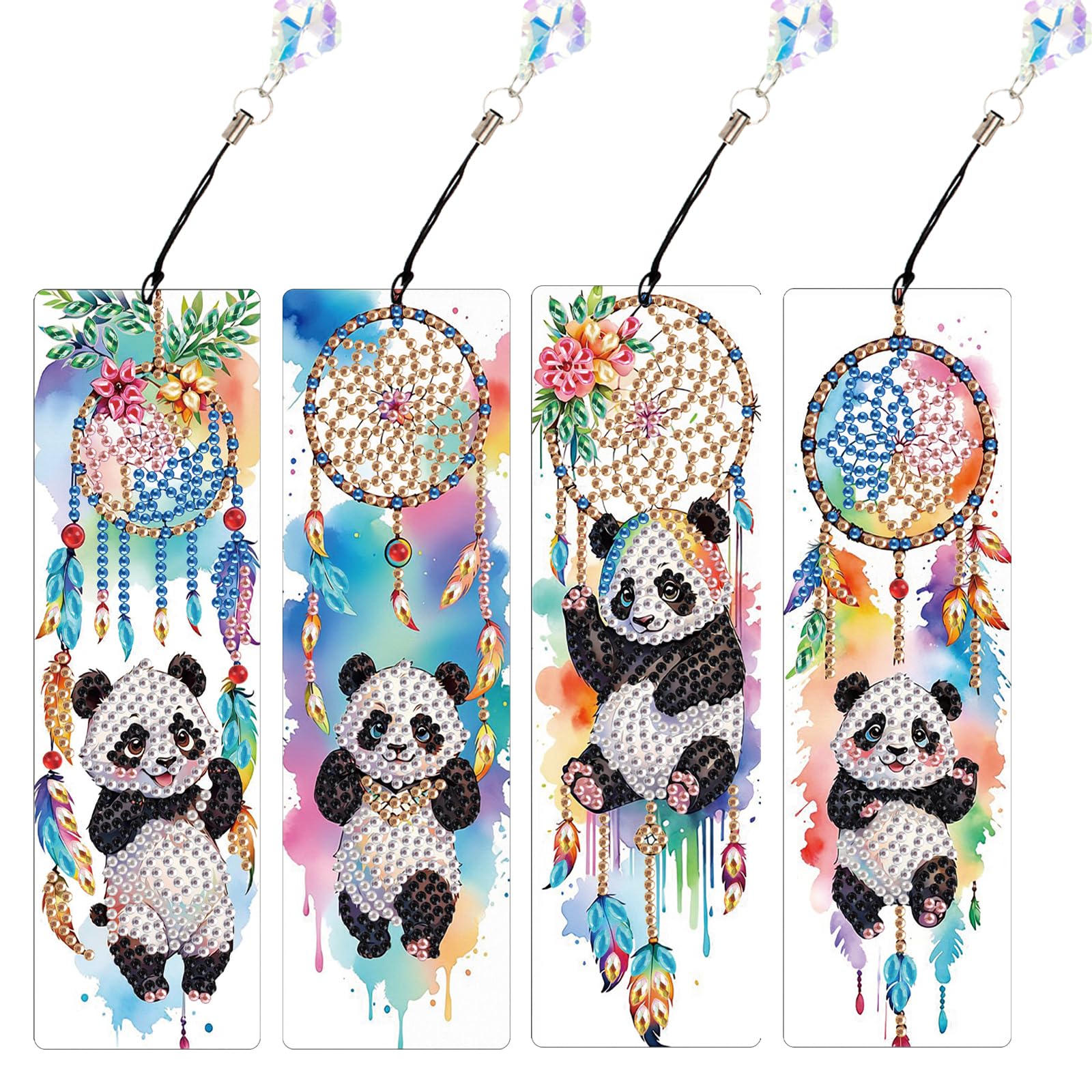 JISHSHAY 4 PCS Diamond Art Bookmarks Diamond Painting Book Marks Gem Art Bookmarkers Gem Painting Book Markers Mosaic Kits for Adults Special Shaped with Crystal Pendants Panda Dreamcatcher