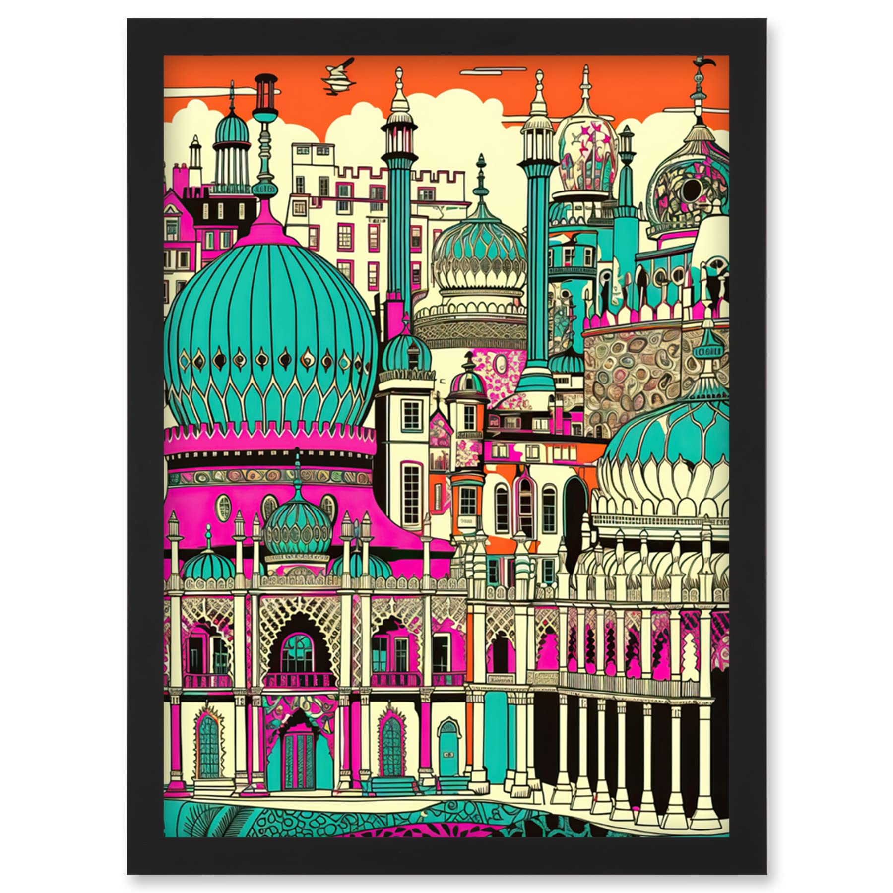 Artery8 Brighton Royal Pavilion Palace Vibrant Detailed Artwork Framed Wall Art Print A4