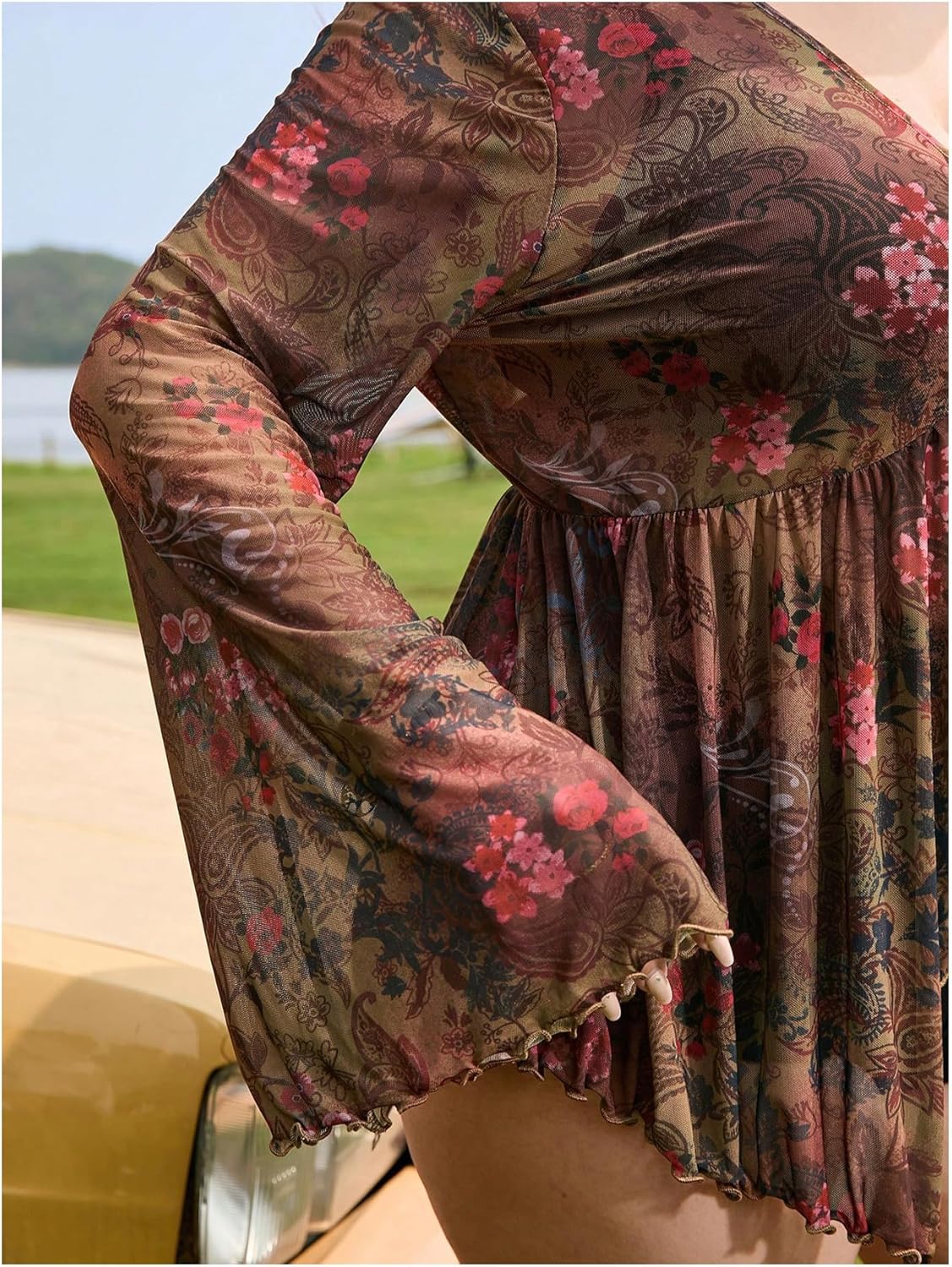 Floerns Women's Plus Size Boho Tops V Neck Bell Long Sleeve Tie Front Tee Shirts Concert Outfits - Image 5