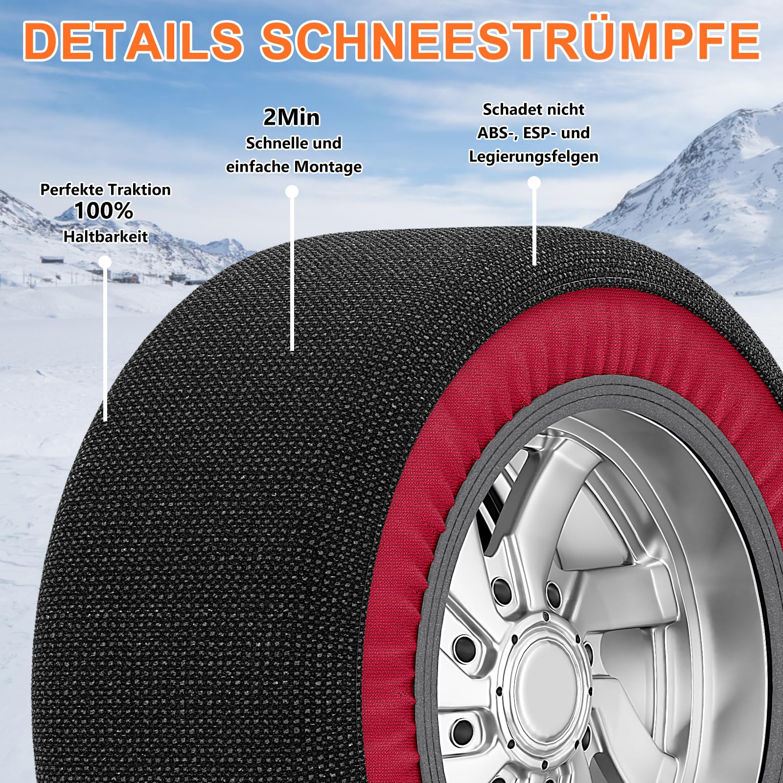 SUNYRISY Calze da Neve in Tessuto Premium Textile Snow Sock, Catene da Neve antiscivolo, per auto, colore: rosso, XL