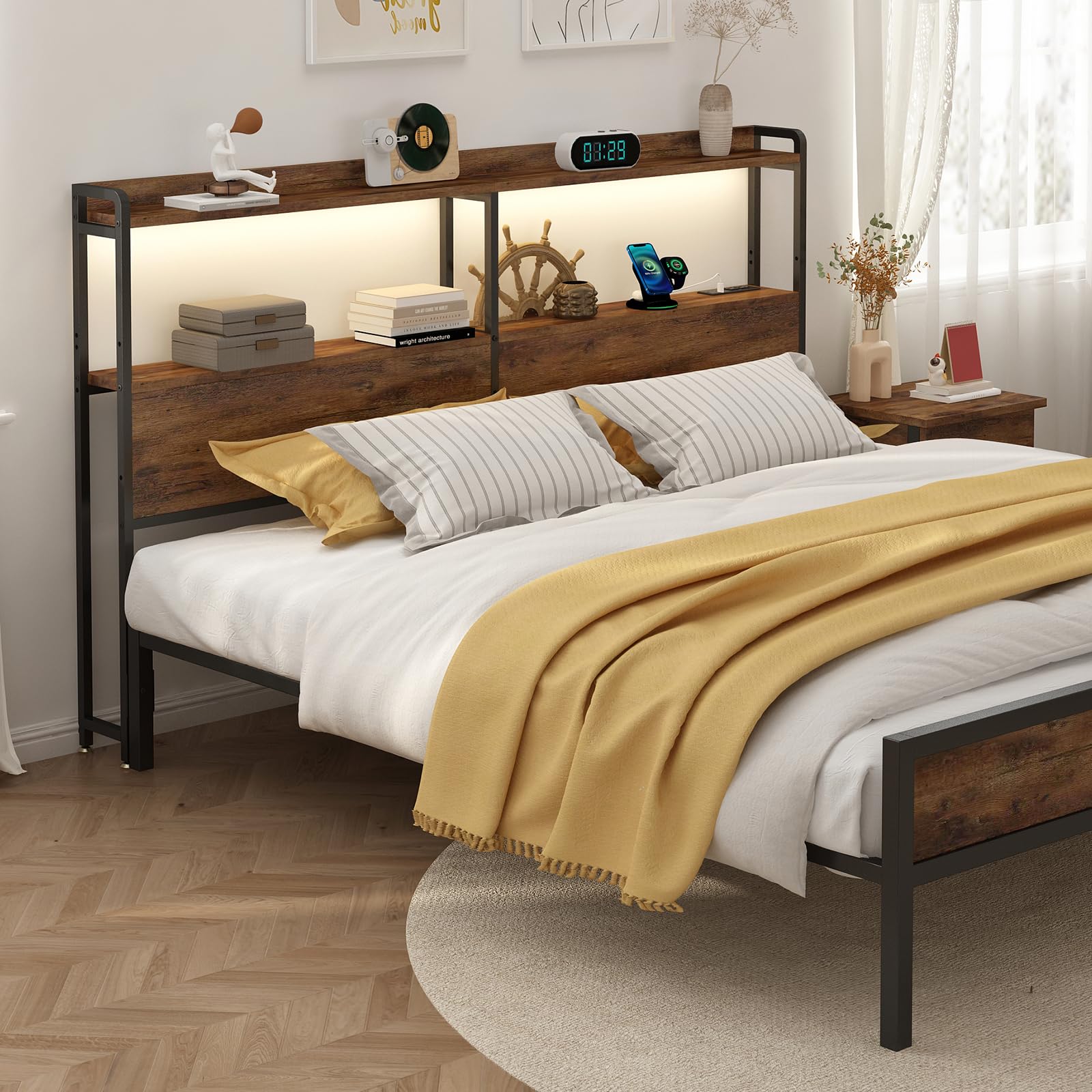 adjustable king size headboard with outlets, usb ports,type-c,led lights, and storage, rustic brown, sturdy bed frame headboard for enhanced comfort and functionality, king size