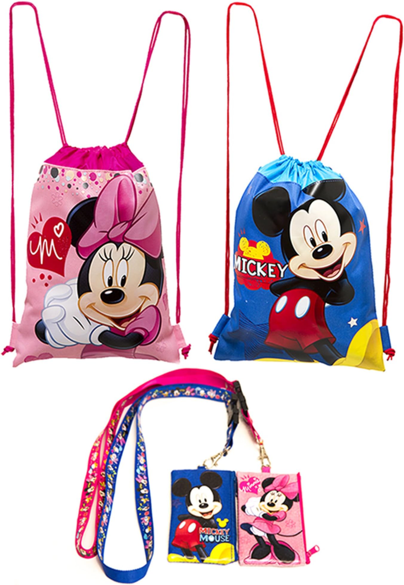 (4ct) Mickey & Minnie Mouse Drawstring Backpack - Lanyards with Detachable Coin Purse
